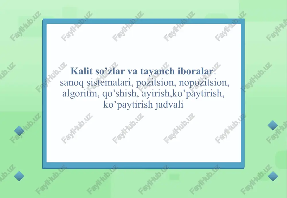 raqamlaridan foydalaniladi. ulardan chekli ketma-ketliklar hosil qilinib, bu ketma-ketliklar o'nlarning qisqacha yozuvidir. misol. 5457 ketma-ketlik nima? y e c h i sh. 5457 ketma-ketlik 5 ming + 4 yuz + 5 o‘n + 7 bir sonining qisqacha yozuvidir, yoki 5457= 5 • 103 + 4 • 10² + 5 • 10¹ + 7 ta’rif. x natural sonning o‘nli yozuvi deb, bu sonni x = aₙ • 10ⁿ+ + an-1 • 10n-1 + ... + a₁• 10¹ + a₀ ko‘rinishda yozishga aytiladi, bu yerda aₙ, an-1, ... a₁, a₀ koeffitsiyentlar 1, 2, 3, 4, 5, 6, 7, 8, 9 qiymatlarni qabul qiladi va a≠ 0 0 ‘nli sanoq sistemasida hamma sonlarni x = aₙ • 10ⁿ+ + an-1 • 10n-1 + ... + a₁• 10¹ + a₀ ko‘rinishdagina yozmasdan, ularning hammasiga nom, ism berish mumkin. bu quyidagicha amalga oshiriladi: birinchi o‘nta sonning nomi bor. so‘ngra bu sonlardan o‘nli yozuv ta’rifiga mos …