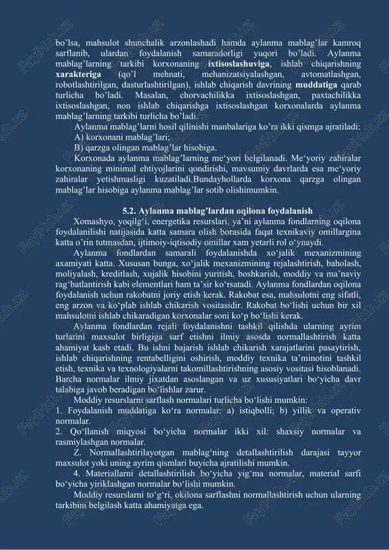 mehnat predmetlari, kam qiymatli va tez eskiradigan mehnat qurollari kiradi. masalan: granulalar, butlovchi qismlar,asboblar, xom-ashyo va b. aylanma ishlab chiqarish fondlarining qiymati birdaniga tayyor mahsulot tannarxiga kiritiladi. muomala fondlari tarkibiga tovar sotish va sotib olish sohasida xizmat qiluvchi fondlar, tayyor mahsulotlar va pul mablag’lari kiradi. aylanma mablag’lar va muomala fondlari kapitalning doiraviy aylanishiga xizmat qiladi, avanslangan kapital pul shaklidan tovar shakliga tovar shaklidan unumli kapitalga, so’ngra tovar va yana pul kapitali shakliga o’tadi. p-t < ... i...ch – t takrorlanadi aylanma ishlab chiqarish fondlarini va muomala fondlarini tashkil qilish, ulardan foydalanish uchun avanslangan kapitalni aylanma mablag’lar deyiladi. aylanma mablag’lar ikki qismga bo’linadi: a) aylanma ishlab chiqarish fondlari; b) muomala fondlari. aylanma ishlab chiqarish fondlari – korxona ishlab chiqarish fondlarining bir qismi bo’lib, bir ishlab chiqarish davrida sarflanadi va moddiy-ashyoviy shaklini o’zgartirib, o’z qiymatini to’lig’icha tayyor mahsulot tannarxiga o’tkazadi. aylanma ishlab chiqarish fondlari tarkibiga quyidagilar kiradi: · aylanma ishlab chiqarish zahiralari;(butlovchi …