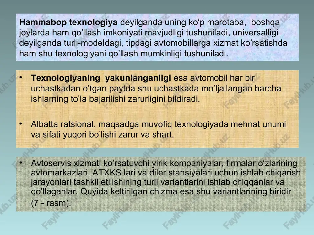 tlardan iboratdir. ishchi postlari bir tomoni berk (tupik) va har ikki tomoni ochiq (bir tomondan kirib ikkinchi tomondan chiqib ketiladigan) bo’lishi mumkin. ochiq postlar asosan yuvish, tozalash, qabul qilish va egasiga topshirish hamda ayrim diagnostik ishlarni bajarish uchun qo’llaniladi. ishchi postlar texnologik talablarga mos holda jihozlanishi, unda inson xavfsizligini ta’minlash va tabiatni asrash sharoitlari yaratilgan bo’lishi shart. shuningdek, ularda bajariladigan ishlar ro’yxati, bajarish tartibi, texnik va texnologik talablarga oid hujjatlar mavjud bo’lishi talab etiladi. txkga kelgan avtomobillarda bajariladigan ishlar davriyligi va hajmi avtomobilsoz kompaniyalar tomonidan ishlab chiqilgan va avtomobilni sotishda unga qo’shib har bir mijozga taqdim etiladigan maxsus «avtomobilning servis daftarchasi» talonlariga asosan belgilanishi tavsiya etiladi. 1-sonli talon bo’yicha birinchi txk 2 ÷3,0 ming km yo’l o’tilgandan so’ng bajariladi, so’ngra har 10÷15 ming kmda avtomobillarning konstruktiv xususiyatlari va modellariga qarab o’tkaziladi. servis daftarchalariga ega bo’lmagan yoki talonlari tugagan avtomobillarga txk, profilaktik ishlar muassasalar, birlashmalar tomonidan ishlab chiqilgan maxsus nizomlarda ko’rsatilgan …