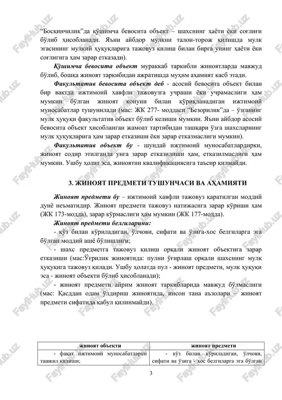tiv ob'ekt bo'lib kelishi mumkin. ya'ni aybdor asosiy bevosita ob'ekt hisoblangan jamoat tartibidan tashqari o'zga shaxslarning mulk huquqlariga ham zarar etkazishi yoki zarar etkazmasligi mumkin). fakultativ ob'ekt bu - shunday ijtimoiy munosabatlardirki, jinoyat sodir etilganda unga zarar etkazilishi ham, etkazilmasligi ham mumkin. ushbu holat esa, jinoyatni kvalifikatsiyasiga ta'sir qilmaydi. 3. jinoyat predmeti tushunchasi va ahamiyati jinoyat predmeti bu – ijtimoiy xavfli tajovuz qaratilgan moddiy dunyo ne'matidir. jinoyat predmeti tajovuz natijasiga zarar ko'rishi ham (jk 173-modda), zarar ko'rmasligi ham mumkin (jk 177-modda). jinoyat predmeti belgilarini: - ko'z bilan ko'riladigan, o'lchovi, sifati va o'ziga-xos belgilarga ega bo'lgan moddiy ashyo bo'lishligi; - shaxs predmetga tajovuz qilish orqali jinoyat ob'ektiga zarar etkazishi (mas:o'g'rilik jinoyatida: pulni o'g'irlash orqali shaxsning mulk huquqiga tajovuz qiladi. ushbu holatda pul - jinoyat predmeti, mulk huquqi esa - jinoyat ob'ekti bo'lib hisoblanadi); - jinoyat predmeti ayrim jinoyat tarkiblarida mavjud bo'lmasligi (mas: qasddan odam o'ldirish jinoyatida, inson tana a'zolari – jinoyat …