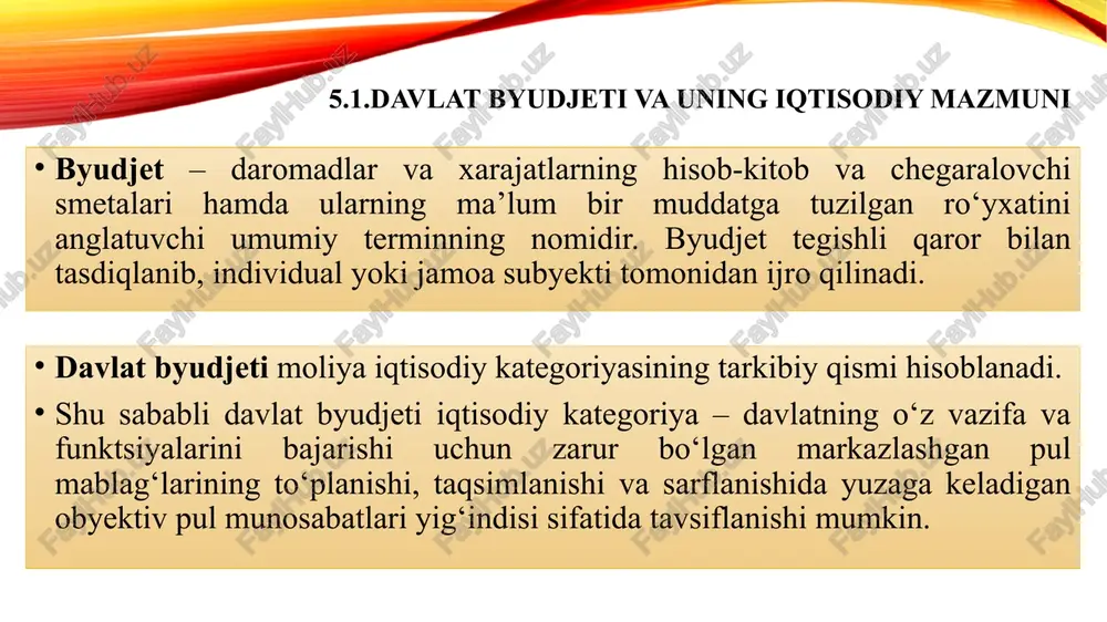 i biriktirilishi bilan tavsiflanadi, bunda ushbu byudjetlarning har biri ularning xarajatlarini ta’minlovchi o‘z daromadlar manbalariga ega bo‘ladi (rossiya federatsiyasi). jahon amaliyotida byudjet tizimlarining tuzilishi quyidagi printsiplarga asoslanadi: umumiylik – huquqiy bazani, pul tizimini, yagona byudjet tasnifidan va byudjet hujjatlari shakllaridan foydalanishni, byudjet jarayoni printsiplarini, byudjet qonunchiligini buzganlik uchun sanktsiyalarni, xarajatlarni moliyalashtirish va byudjet tizimi byudjetlari mablag‘larining buxgalteriya hisobini yuritish tartibining yagonaligini anglatadi; to‘liqlik – byudjet tizimi byudjetlarining va byudjetdan tashqari jamg‘armalar byudjetlarining daromadlar va xarajatlari ularda majburiy ravishda va to‘liq aks ettiirilishi lozimligini anglatadi; ishonchlilik – tegishli hudud ijtimoiy-iqtisodiy rivojlanishi prognoz ko‘rsatkichlarining obyektivligini hamda byudjet daromadlari va xarajatlari hisoblanishining realligini anglatadi; oshkoralik – byudjetning shaffofligini nazarda tutadi, bu o‘z navbatida erkin nashrda tasdiqlangan byudjetlar va ularning ijrosi bo‘yicha hisobotlar majburiy ravishda bosib chiqarilishini, taqdim etilayotgan axborotning to‘liqligini, jamiyat va ommaviy axborot vositalari uchun byudjet loyihalarini ko‘rib chiqish va qarorlar qabul qilishning ochiqligini anglatadi; byudjet tizimi byudjetlarining mustaqilligi. federal tipdagi va …