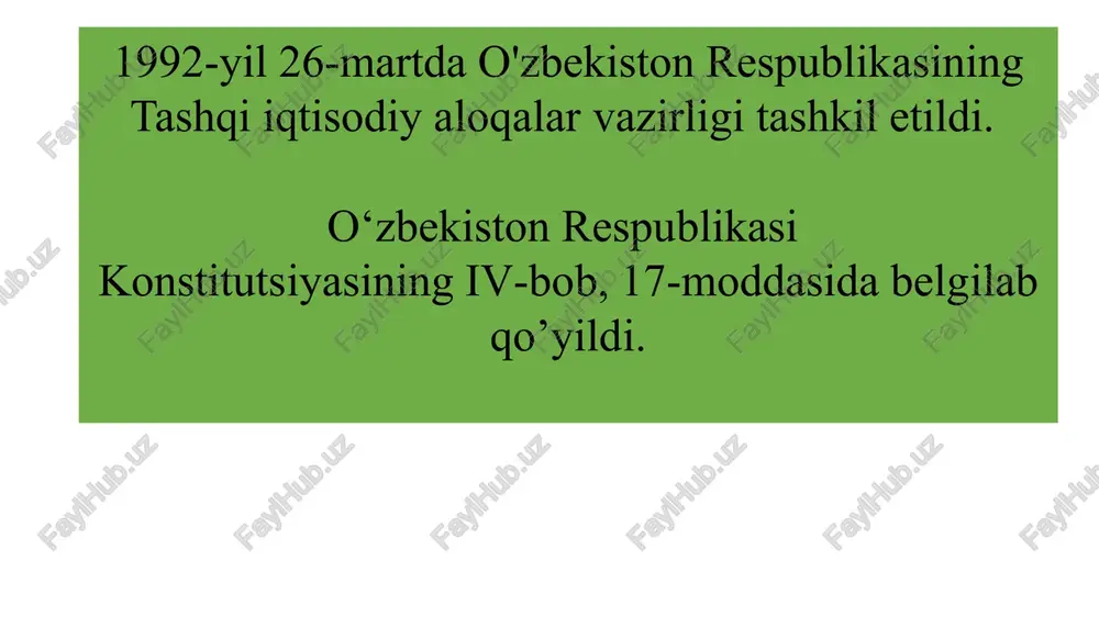 ni hurmatlash; ichki milliy qonunlardan xalqaro huquqning umume`tirof etilgan qoidalari va normalarining ustuvorligini tan olish; tajovuzkor harbiy bloklar va uyushmalarga kirmaslik; davlatlararo teng huquqli va o`zaro manfaatli hamkorlik. o`zbekiston respublikasi tashqi siyosatida tinchlik, barqarorlik, hamkorlik tamoyillari ustunlik qiladi. 2017-yil sentyabrda nyu-york shahrida bo‘lgan bmt bosh assambleyasining 72-sessiyasida ishtirok etdi. birlashgan millatlar tashkilotiga (bmt) 1992-yil 2-martda a’zo bo‘ldi. toshkentda 1993-yilda bmt vakolatxonasi faoliyat ko‘rsatmoqda. 1997-yilda bmt homiyligida „6+2“ guruhi tashkil etildi. 1999-yil 19-20- iyulda toshkentda bo’lgan yig‘ilishda toshkent deklaratsiyasi qabul qilindi. 2019-yil aprelda pekinda “bir makon, bir yo‘l” ikkinchi xalqaro forumi bo’lib o’tdi. 2020-yil 23-sentyabr kuni bmt bosh assambleyasining 75-sessiyasida global va mintaqaviy ahamiyatga ega tashabbuslarda ilgari surilgan. 2020-yil 14-oktabr kuni bmt bosh assdmbleyasida o'zbekiston bmt inson huquqlari bo’yicha kengashiga ko’pchilik ovoz bilan tarixda birinchi marta uch yillik muddatga saylandi. xei – bmtining axborot-kommunikatsiya texnologiyalari (akt) sohasidagi muassasasi. 1992-yil 10-iyuldan boshlab o'zbekiston xeining to’laqonli a’zosi hisoblanadi. bpi - bmtining pochta aloqasi …
