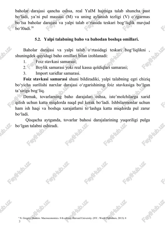 ishining foiz stavkasiga bo‘lgan ta’siriga bog‘liq. demak, tovarlarning baho darajalari oshsa, iste’molchilarga xarid qilish uchun katta miqdorda naqd pul kerak bo‘ladi. ishbilarmonlar uchun ham ish haqi va boshqa xarajatlarni to‘lashga katta miqdorda pul zarur bo‘ladi. qisqacha aytganda, tovarlar bahosi darajalarining yuqoriligi pulga bo‘lgan talabni oshiradi. 1 6 n. gregory mankiw. macroeconomics. 8 th edition. harvard university. (ny.: worth publishers, 2013): 8 8 6 n. gregory mankiw. macroeconomics. 8 th edition. harvard university. (ny.: worth publishers, 2013): 8 2 pul taklifi hajmi o‘zgarmagan holatda talabning oshishi foiz stavkasini ko‘rsatilishiga olib keladi. foiz stavkalari yuqori bo‘lgan sharoitda ishbilarmonlarning investitsiya tovarlariga bo‘lgan talabi pasayadi. investitsiya harajatlari yalpi talabning bir qismi bo‘lganligi tufayli bu yalpi talab hajmining pasayishiga olib keladi. pf ^ mdt (ms const) ^ rf ^ ts ^ ad| boylik samarasi yoki real kassa qoldiqlari samarasi shuni bildiradiki, narxlar darjasining oshishi, jamg‘arilgan moliyaviy aktivlari (omonatlar, obligatsiyalar) real xarid qobiliyatini pasaytirib yuboradi. bunday …