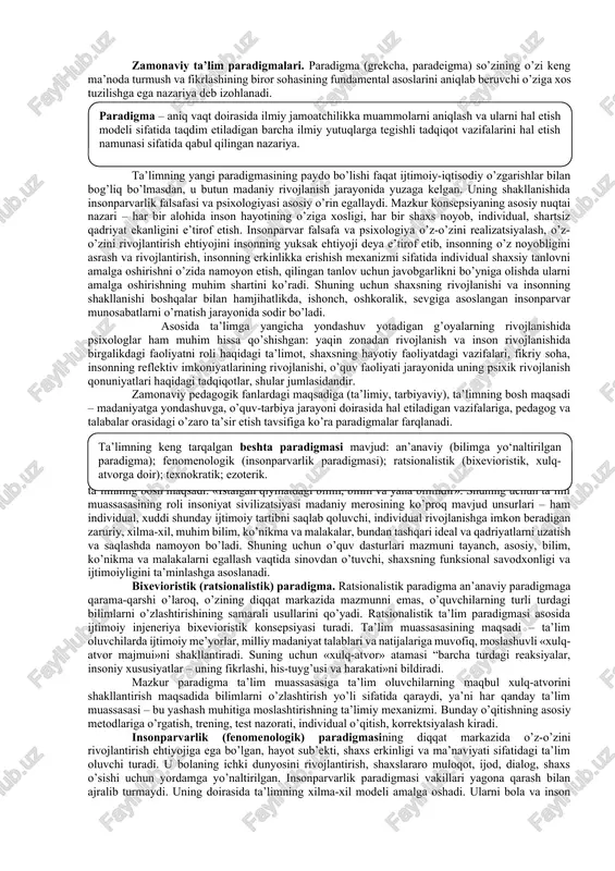 yo’nalgan harakatni ifodalaydi va bu harakat bilishga doir vazifalarni hal qilishda ularga katta yordam beradi. didaktika va metodika mustahkam aloqa va o’zaro bog’liqlikda joylashadi. didaktika o’qitishning umumiy qonuniyatlarini o’rganadi. aniq bir predmetni o’qtishning o’ziga xos xususiyatlari xususiy metodikalarda ishlab chiqiladi. didaktikaning asosiy kategoriyalari. muayyan fanga xos bo’lgan tushunchalarda insoniyat tomonidan ijtimoiy taraqqiyot jarayonida to’plangan bilimlar aks etadi. didaktikaning asosiy kategoriyalari quyidagilardan iborat: o’rgatish, o’rganish, o’qitish, ta’lim, bilim, ko’nikma, malaka, kompetensiya, maqsad, mazmun, tashkil etish, shakl, metod, vosita, natija. o’rgatish – o’qitish maqsadini amalga oshirish bo’yicha pedagogning tartiblangan faoliyati. o’rganish – anglash, mashq qilish, va egallangan tajribalar asosida xulq-atvor va faoliyatning yangi shakllarini egallash jarayoni, oldin egallanganlari o’zgaradi. o’qitish – qo’yilgan maqsadga erishishga yo’naltirilgan pedagog bilan o’quvchilarning tartiblangan o’zaro harakati. ta’lim – o’qitish jarayonida egallanadigan bilim, ko’nikma, malakalar, kompetensiya va fikrlash usullari tizimi. bilim – ma’lum bir fanni nazariy o’zlashtirishni aks ettiradigan inson g’oyalari yig’indisi; ko’nikma – egallangan bilimlarning aniq xatti-harakatdagi …