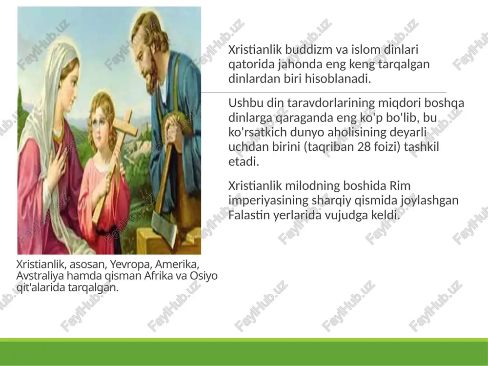 i hukmron din edi. xristianlikning sharqiy tarmog'i bo'lmish pravoslaviyaning rivojlanishi jarayonida 16 mustaqil (avtokefal) cherkov: konstantinopol, aleksandriya, antioxiya, quddus, gruzin, serb, rumin, bolgar, kipr, ellada, alban, polyak, chexiya, slovakiya, rus va amerika cherkovlari vujudga keldi. bu cherkovlardan eng kattasi rus pravoslav cherkovi (rpch, boshqa rasmiy nomi moskva patriarxati) bo'lib, unga 19 ming cherkov va 127 eparxiya birlashgan. bulardan 150 dan ortiq cherkov va 5 eparxiya chet elda faoliyat olib boradi. pravoslavda ruhoniylikning mansablari diakon (grek. “xizmatchi”)- eng quyi tabaqasi. u mustaqil hech qanday ibodatni boshqara olmaydi, balki faqatgina ruhoniy yoki episkopga ibodat marosimini o'tkazishda yordam bera oladi, xolos. ruhoniy (svyashennik) yoki ierey- ikkinchi tabaqasi. u boshqalarni ruhoniylikka bag'ishlash va cherkov suvini muqaddaslashtirishdan boshqa barcha sirli marosimlarni bajara oladi. episkop yoki arxiierey- eng oliy unvoni. episkoplar barcha ibodat va sirli marosimlarni bajara oladilar. shuningdek, ular ma'lum bir shahar, viloyat cherkovi yoki eparxiyani boshqara oladilar. ruhoniy episkop diakon pravoslav bayramlari 1) bibi …