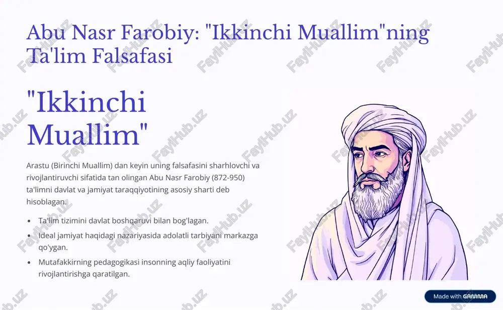farobiy va ibn sino pedagogik merosining zamonaviy ahamiyti integratsiyalashgan yondashuv axloqiy tarbiya va aqliy rivojlanishni bir butun deb bilish zamonaviy gumanitar ta'limning asosidir. psixologik asos ibn sinoning yoshga va individual xususiyatlarga e'tibor qaratish tamoyili hozirgi pedagogik psixologiyada keng qo'llaniladi. kompetensiyaga yo'naltirish farobiyning "aql mustafod" g'oyasi o'quvchini shunchaki ma'lumot berish emas, balki uni mustaqil bilim olishga o'rgatish kerakligini anglatadi. https://gamma.app/?utm_source=made-with-gamma xulosa: buyuk ajdodlarimizdan meros qolgan ta'lim tamoyillari 1 komil inson maqsad: baxt va fazilatga erishgan shaxs. 2 axloqiy ustunlik asos: aqliy bilimlarni axloq bilan mustahkamlash. 3 ilm va amaliyot poydevor: yoshga mos, jismoniy va aqliy tarbiyaning uyg'unligi. farobiy va ibn sino merosi 4 bu faqat tarixiy qadriyat emas, balki kelajak avlodlarni tarbiyalash uchun mustahkam falsafiy asosdir. https://gamma.app/?utm_source=made-with-gamma