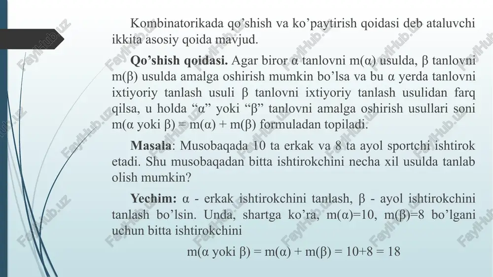 sh tartibi bilan farq qiladigan va k ta elementdan iborat qism to’plamlarni hosil qilish n ta elementdan k tadan o‘rinlashtirish deb ataladi. berilgan n ta elementdan k tadan o’rinlashtirish soni kabi belgilanadi, a fransuzcha “arrangement”, ya’ni o’rinlashtirish degan so’zning bosh harfidir, uning qiymati quyidagi formula bilan hisoblanishini isbotlash mumkin formulasi: masalan, {a,b,c} to’plamdan n=3 ta elementdan k=2 tadan o’rinlashtirishlar {a;b},{a;c},{b;c},{b;a},{c;a},{c;b} bo’lib, ularning soni: masala: talaba 4 ta fan bo’yicha qo’shimcha tayyorlanish uchun ularning har biriga haftaning bir kunini ajratmoqchi bo’ldi. talaba hafta kunlarini fanlarga necha usulda taqsimlashi mumkin? yechim: masala: xorijiy tillar fakulteti ingliz tili yo’nalishining birinchi kursida 10 ta fan o’qitiladi va har kuni 4 xil dars o’tiladi. kunlik dars necha usul bilan taqsimlab qo’yilishi mumkin? yechim: masala: butun sonlarning har biri uchta har xil qiymatli raqamlar bilan ifoda qilinadigan bo’lsa, qancha butun son tuzish mumkin? yechim: guruhlash. n ta elementni k tadan gruppalashlar deb kamida 1 tadan elementi …