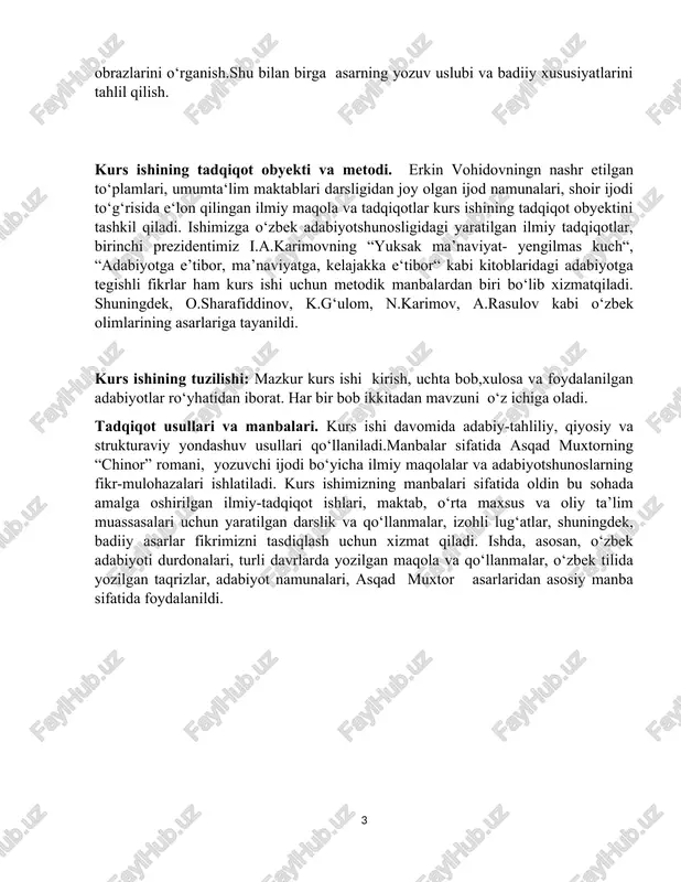 h, uchta bob,xulosa va foydalanilgan adabiyotlar ro‘yhatidan iborat. har bir bob ikkitadan mavzuni o‘z ichiga oladi. tadqiqot usullari va manbalari. kurs ishi davomida adabiy-tahliliy, qiyosiy va strukturaviy yondashuv usullari qo‘llaniladi.manbalar sifatida asqad muxtorning “chinor” romani, yozuvchi ijodi bo‘yicha ilmiy maqolalar va adabiyotshunoslarning fikr-mulohazalari ishlatiladi. kurs ishimizning manbalari sifatida oldin bu sohada amalga oshirilgan ilmiy-tadqiqot ishlari, maktab, o‘rta maxsus va oliy ta’lim muassasalari uchun yaratilgan darslik va qo‘llanmalar, izohli lug‘atlar, shuningdek, badiiy asarlar fikrimizni tasdiqlash uchun xizmat qiladi. ishda, asosan, o‘zbek adabiyoti durdonalari, turli davrlarda yozilgan maqola va qo‘llanmalar, o‘zbek tilida yozilgan taqrizlar, adabiyot namunalari, asqad muxtor asarlaridan asosiy manba sifatida foydalanildi. i bob. asqad muxtor ko‘pqirrali iste’dod sohibi 1.1. asqad muxtor hayoti va faoliyati xx asr o‘zbek adabiyotiga o‘zining sobit qadamlari bilan kirib kelgan serqirra ijrodkorlardan biri asqad muxtordir. andijon pedagogika institutida kafedra mudiri „yosh leninchi“, „qizil oʻzbekiston“ gazetalarida mas’ul kotib, boʻlim mudiri.oʻzbekiston yozuvchilar uyushmasi boshqaruvi kotibi uyushma boshqaruvi raisining …