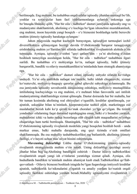 kllantirish, aholining o‘z kuchiga bo‘lgan ishonchini mustahkamlash, eng muhimi, inson hayotida yangi bosqich – o‘z biznesini boshlashga turtki beruvchi muhim ijtimoiy-iqtisodiy harakatga aylangan.[footnoteref:2] [2: abdullayeva m. – tadbirkorlik psixologiyasi. – toshkent: fan, 2020] jahon miqyosida raqobat kuchayib borayotgan, iqtisodiyot tarmoqlari izchil diversifikatsiya qilinayotgan hozirgi davrda o‘zbekistonda barqaror taraqqiyotga erishishning muhim yo‘llaridan biri sifatida tadbirkorlikni rivojlantirish alohida o‘rin tutmoqda. ayniqsa, iqtisodiy o‘sishni "quyi qatlam"dan – ya’ni aholining o‘zidan boshlash tamoyiliga asoslangan holda, "har bir oila – tadbirkor" tashabbusi ilgari surildi. bu tashabbus o‘z mohiyatiga ko‘ra, nafaqat iqtisodiy, balki ijtimoiy barqarorlik, bandlik va oilaviy mustahkamlikni ta’minlashda ham strategik ahamiyatga ega. "har bir oila – tadbirkor" dasturi oilani iqtisodiy subyekt sifatida ko‘rishga undaydi. ya’ni oila endilikda nafaqat iste’molchi, balki ishlab chiqaruvchi, xizmat ko‘rsatuvchi, moliyaviy-huquqiy qarorlar qabul qiluvchi subyektga aylanmoqda. bu esa jamiyatda iqtisodiy savodxonlik darajasining oshishiga, moliyaviy mustaqillikka intilishning kuchayishiga va eng muhimi, o‘z mehnati bilan farovonlik sari intilish madaniyatining shakllanishiga xizmat qilmoqda. …