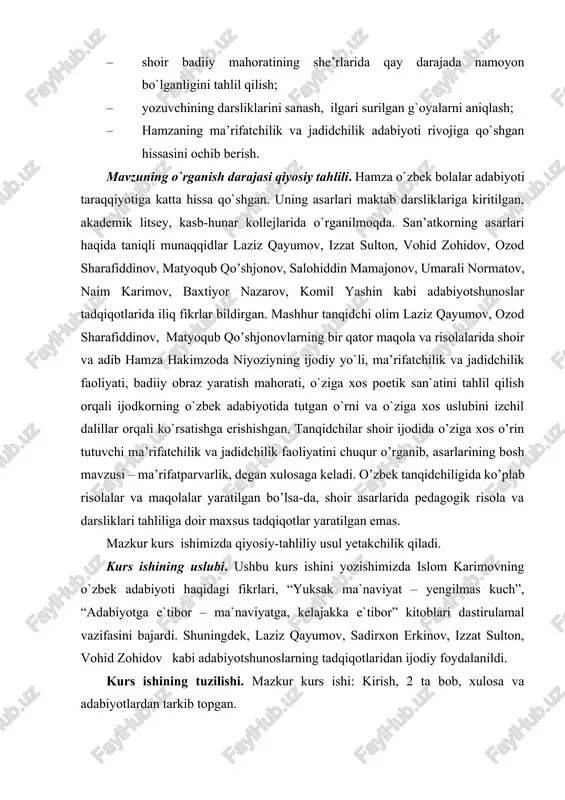 rlarida pedagogik risola va darsliklari tahliliga doir maxsus tadqiqotlar yaratilgan emas. mazkur kurs ishimizda qiyosiy-tahliliy usul yetakchilik qiladi. kurs ishining uslubi. ushbu kurs ishini yozishimizda islom karimovning o`zbek adabiyoti haqidagi fikrlari, “yuksak ma`naviyat – yengilmas kuch”, “adabiyotga e`tibor – ma`naviyatga, kelajakka e`tibor” kitoblari dastirulamal vazifasini bajardi. shuningdek, laziz qayumov, sadirxon erkinov, izzat sulton, vohid zohidov kabi adabiyotshunoslarning tadqiqotlaridan ijodiy foydalanildi. kurs ishining tuzilishi. mazkur kurs ishi: kirish, 2 ta bob, xulosa va adabiyotlardan tarkib topgan. i bob. hamza va o’zbek bolalar adabiyoti 1.1. hamza o’zbek adabiyotining yirik namoyandasi hamza hakimzoda niyoziy o‘zbek madaniyatining eng yirik namoyandalaridan biri. u ma’rifatparvar shoir, o‘qituvchi, jamoat arbobi, kompozitor, rejissor, jurnalist sifatida ma’lumdir. o‘zbek teatr san’atini rivojida muhim hissa qo‘shgan buyuk dramaturg hamdir. hamza 1989-yil 6-martda qo‘qon shahrida tabib oilasida dunyoga keladi. hamza o‘zining o‘qishga bo‘lgan zo‘r ishtiyoqi tufayli 12 yoshidayoq to‘la xat savodli bo‘lib yetishadi. 1906-yilda madrasaga kirib o‘qiy boshlaydi. biroq madrasa ta’limi hamzani …