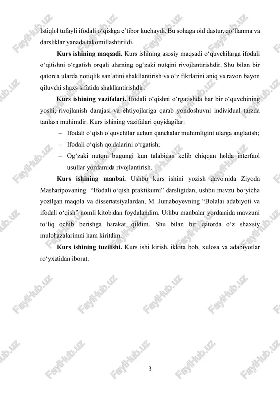 ro‘yxatidan iborat. i bob. o‘quvchilarda ifodali o‘qish san’atini shakllantirishning nazariy asoslari 1.1. ifodali nutq san’atini egallashning asosiy vositalari jamiyat taraqqiyoti va kelajagi yosh avlodning bilim darajasi va ma’naviy kamoloti bilan chambarchas bog‘liq. yoshlarni har tomonlama barkamol qilib tarbiyalashda esa, so‘z san’atining o‘rni va ro‘li beqiyosdir. adabiyotimizning durdona asarlarida mujassam bo‘lgan odamiylik tuyg‘ulari, qahramonlarning ma’naviy qiyofasi, ijodkorning badiiy dahosi, ona tilining behad go‘zalliklaridan foydalanish mahorati, avvalo, asarni ifodali o‘qish jarayonida ko‘proq namoyon bo‘ladi. ayniqsa, o‘zbek mumtoz adabiyotining o‘ziga xos uslublari asosida yaratilgan xilma-xil majoziy timsollar, badiiy san’atlar vositasida yuzaga kelgan she’riy asarlarni ifodali o‘qish va tahlil qilish o‘quvchidan chuqur bilim va malaka egasi bo‘lishni taqozo qiladi. binobarin, ifodali o‘qish darslarida olib boriladigan nazariy va amaliy mashg‘ulotlar o‘quvchilarning bilim doirasini kengaytirish barobarida, nutq madaniyatini o‘stirish, o‘qituvchilik malakasini shakllantirishga ham katta yordam beradi. o‘zbekiston respublikasi prezidenti i.karimov ta’kidlaganidek, “jamiki ezgu fazilatlar inson qalbiga, avvalo, ona allasi, ona tilining betakror jozibasi bilan singadi... ona …