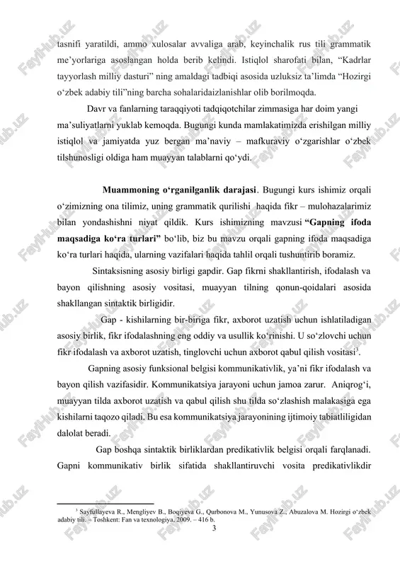tiladigan asosiy birlik, fikr ifodalashning eng oddiy va usullik ko‘rinishi. u so‘zlovchi uchun fikr ifodalash va axborot uzatish, tinglovchi uchun axborot qabul qilish vositasi[footnoteref:3]. [3: sayfullayeva r., mengliyev b., boqiyeva g., qurbonova m., yunusova z., abuzalova m. hozirgi o‘zbek adabiy tili. – toshkent: fan va texnologiya, 2009. – 416 b.] gapning asosiy funksional belgisi kommunikativlik, ya’ni fikr ifodalash va bayon qilish vazifasidir. kommunikatsiya jarayoni uchun jamoa zarur. aniqrog‘i, muayyan tilda axborot uzatish va qabul qilish shu tilda so‘zlashish malakasiga ega kishilarni taqozo qiladi. bu esa kommunikatsiya jarayonining ijtimoiy tabiatliligidan dalolat beradi. gap boshqa sintaktik birliklardan predikativlik belgisi orqali farqlanadi. gapni kommunikativ birlik sifatida shakllantiruvchi vosita predikativlikdir masalan: bahor keldi va bahorning kelishi qurilmalarining axborot hajmi bir xil. birinchisida predikativlik bor, ikkinchisida esa yo‘q. gap termini umumlashgan birlik mohiyat sifatida til birligini ham, reallashgan birlik, hodisa sifatida nutq birligini ham ifoda etadi[footnoteref:4]. gap biror voqea-hodisa haqidagi xabarni, so‘roqni yoki buyruqni ifodalovchi …
