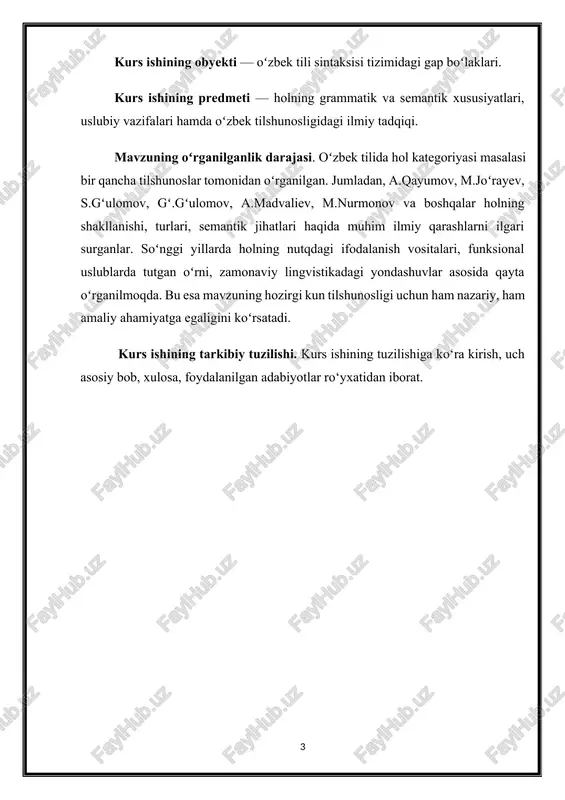ining sintaksisi. – t.: fan, 1976. – b. 112). shuningdek, mazluma asqarova oʻzining “hozirgi oʻzbek adabiy tili sintaksisi” nomli asarida holning gapdagi funksiyasini quyidagicha izohlaydi: “hol harakatni aniqlovchi semantik birlik sifatida gap mazmunining toʻla ochilishiga xizmat qiladi” (asqarova m. hozirgi oʻzbek adabiy tili. – t.: oʻqituvchi, 1981. – b. 87). oʻzbek tilshunosligida holning grammatik shakllari, sintaktik bogʻlanishi, uslubiy vazifasi, matndagi ifodalanish imkoniyatlari keng koʻlamda oʻrganilgan. jumladan, ayub gʻulomov “sodda gap” (1955) nomli tadqiqotida holning asosiy turlarini aniqlab bergan boʻlsa, s.gʻulomov oʻz asarlarida holning nutqiy voqelanishi va uslubiy funktsiyalarini tahlil qilgan. holning sintaktik vazifasi va tilshunoslikdagi ahamiyati. hol grammatik kategoriya sifatida gap qurilishida yordamchi, lekin mazmuniy jihatdan zaruriy boʻgʻin hisoblanadi. u bevosita predikatga bogʻlanib, harakat haqida qoʻshimcha ma’lumot beradi. shu bois hol boʻlagi gapning semantik strukturasini toʻliq ifodalashga xizmat qiladi. tilshunos m.joʻrayev holni quyidagicha talqin qiladi: “hol — gapning aniqlovchi boʻlagi boʻlib, u boshqa gap boʻlagi bilan emas, asosan predikat bilan …