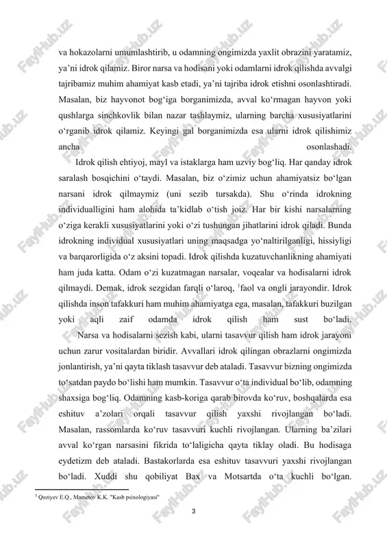 biridir. avvallari idrok qilingan obrazlarni ongimizda jonlantirish, ya’ni qayta tiklash tasavvur deb ataladi. tasavvur bizning ongimizda to‘satdan paydo bo‘lishi ham mumkin. tasavvur o‘ta individual bo‘lib, odamning shaxsiga bog‘liq. odamning kasb-koriga qarab birovda ko‘ruv, boshqalarda esa eshituv a’zolari orqali tasavvur qilish yaxshi rivojlangan bo‘ladi. masalan, rassomlarda ko‘ruv tasavvuri kuchli rivojlangan. ularning ba’zilari avval ko‘rgan narsasini fikrida to‘laligicha qayta tiklay oladi. bu hodisaga eydetizm deb ataladi. bastakorlarda esa eshituv tasavvuri yaxshi rivojlangan bo‘ladi. xuddi shu qobiliyat bax va motsartda o‘ta kuchli bo‘lgan. idrokbuzilishlari idrok buzilishi ayrim asab va ruhiy kasalliklarda kuzatiladi. bularga gallyutsinatsiyalar, illyuziyalar va psixosensor buzilishlar kiradi. gallyutsinatsiya deb, aslida bemor oldida mavjud bo‘lmagan ob’ekt va hodisalarni idrok qilishga aytiladi. gallyutsinatsiyalar bosh miya po‘stlog‘ida inert qo‘zg‘alishning paydo bo‘lishi va uning dominantlik vazifasini bajarib turishi bilan tushuntiriladi. inert qo‘zg‘alish bosh miya po‘stlog‘ining umumiy tormozlanishi oqibatida yuzaga keladi. bosh miyada moddalar almashinuvi buzilishi ham gallyutsinatsiyaga olib kelishi mumkin. ko‘rish, eshitish, hid va ta’m …