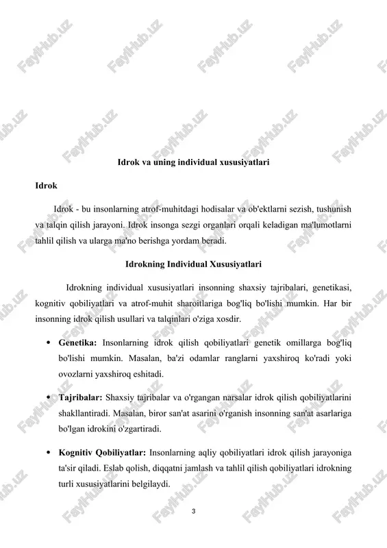 uza qilayotganligi va qachon tugatishi va hokazolarni umumlashtirib, u odamning ongimizda yaxlit obrazini yaratamiz, ya’ni idrok qilamiz. biror narsa va hodisani yoki odamlarni idrok qilishda avvalgi tajribamiz muhim ahamiyat kasb etadi, ya’ni tajriba idrok etishni osonlashtiradi. masalan, biz hayvonot bog‘iga borganimizda, avval ko‘rmagan hayvon yoki qushlarga sinchkovlik bilan nazar tashlaymiz, ularning barcha xususiyatlarini o‘rganib idrok qilamiz. keyingi gal borganimizda esa ularni idrok qilishimiz anchaosonlashadi. idrok qilish ehtiyoj, mayl va istaklarga ham uzviy bog‘liq. har qanday idrok saralash bosqichini o‘taydi. masalan, biz o‘zimiz uchun ahamiyatsiz bo‘lgan narsani idrok qilmaymiz (uni sezib tursakda). shu o‘rinda idrokning individualligini ham alohida ta’kidlab o‘tish joiz. har bir kishi narsalarning o‘ziga kerakli xususiyatlarini yoki o‘zi tushungan jihatlarini idrok qiladi. bunda idrokning individual xususiyatlari uning maqsadga yo‘naltirilganligi, hissiyligi va barqarorligida o‘z aksini topadi. idrok qilishda kuzatuvchanlikning ahamiyati ham juda katta. odam o‘zi kuzatmagan narsalar, voqealar va hodisalarni idrok qilmaydi. demak, idrok sezgidan farqli o‘laroq, [footnoteref:1]faol va ongli …