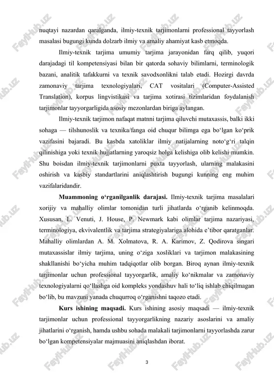 xorijiy va mahalliy olimlar tomonidan turli jihatlarda o‘rganib kelinmoqda. xususan, l. venuti, j. house, p. newmark kabi olimlar tarjima nazariyasi, terminologiya, ekvivalentlik va tarjima strategiyalariga alohida e’tibor qaratganlar. mahalliy olimlardan a. m. xolmatova, r. a. karimov, z. qodirova singari mutaxassislar ilmiy tarjima, uning o‘ziga xosliklari va tarjimon malakasining shakllanishi bo‘yicha muhim tadqiqotlar olib borgan. biroq aynan ilmiy-texnik tarjimonlar uchun professional tayyorgarlik, amaliy ko‘nikmalar va zamonaviy texnologiyalarni qo‘llashga oid kompleks yondashuv hali to‘liq ishlab chiqilmagan bo‘lib, bu mavzuni yanada chuqurroq o‘rganishni taqozo etadi. kurs ishining maqsadi. kurs ishining asosiy maqsadi — ilmiy-texnik tarjimonlar uchun professional tayyorgarlikning nazariy asoslarini va amaliy jihatlarini o‘rganish, hamda ushbu sohada malakali tarjimonlarni tayyorlashda zarur bo‘lgan kompetensiyalar majmuasini aniqlashdan iborat. kurs ishining vazifalari. kurs ishining maqsadidan kelib chiqib, quyidagi vazifalar belgilab olindi: · ilmiy-texnik tarjimaning nazariy asoslarini tahlil qilish; · professional tayyorgarlikda talab etiladigan asosiy ko‘nikmalarni aniqlash; · ilmiy-texnik tarjimonlarga qo‘yiladigan lingvistik va sohaviy talablarni o‘rganish; · …