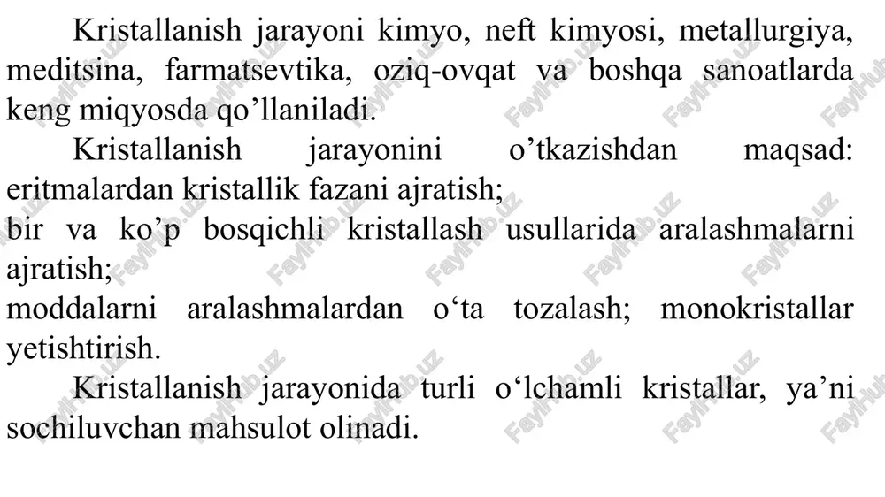 opishib yoki cho‘kib qolmasligi uchun eritmaning sirkulatsiya tezligi ko‘paytiriladi. kristallarni ajratish va yuvish filtr yoki sentrifugalarda o‘tkaziladi. eritma temperaturasini o‘zgartirib kristallash. bunday usul izogidrik kristallash deb nomlanadi, chunki bu jarayon eritmada erituvchi miqdori o‘zgarmas bo‘lgan holatda olib boriladi. kimyo sanoatida musbat eruvchanlikka ega tuzlarni kristallash juda keng tarqalgan. bunday eritmalarning o‘ta to‘yinishiga uni sovitish yo‘li bilan erishiladi. jarayon davriy yoki uzluksiz, pog‘onali joylashgan bir yoki ko‘p korpusli qurilmalarda olib boriladi. sovutuvchi eltkich sifatida suv ishlatiladi. havo yordamida sovutilganda jarayon nisbatan sekin boradi, lekin yirik va bir jinsli kristallar hosil bo‘ladi. manfiy eruvchanlikka ega eritmalarni kristallash uchun eritma qizdirilishi zarur. kombinatsiyalangan usullarga vakuum ostida, erituvchining bir qismini issiqlik eltkich yordamida bug‘latib kristallash va fraksiyali kristallashlar kiradi. vakuum ostida kristallash. bu usulda erituvchi devor orqali issiqlik uzatish yo‘li bilan bug‘latilmasdan, balki eritmaning o‘z fizik issiqligini berish hisobiga ro‘y beradi. ushbu issiqlikning bir qismi erituvchini (taxminan 10% mass) bug‘latish uchun sarflanadi. hosil bo‘layotgan …