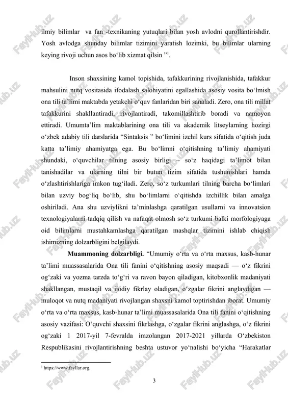 digan — muloqot va nutq madaniyati rivojlangan shaxsni kamol toptirishdan iborat. umumiy o‘rta va o‘rta maxsus, kasb-hunar ta’limi muassasalarida ona tili fanini o‘qitishning asosiy vazifasi: o‘quvchi shaxsini fikrlashga, o‘zgalar fikrini anglashga, o‘z fikrini og‘zaki 1 2017-yil 7-fevralda imzolangan 2017-2021 yillarda o‘zbekiston respublikasini rivojlantirishning beshta ustuvor yo‘nalishi bo‘yicha “harakatlar strategiyasi”. o‘zbekiston respublikasi prezidenti 2017-yil 7-fevraldagi pf-4947- sonli farmoni. 2 2017-yil 7-dekabrdagi o‘zbekiston prezidenti shavkat mirziyoyev ishtirokida davlat mukofotlarini tantanali topshirishga bag‘ishlangan yig‘ilishdan. 3 mahmudov n. tilimizning tillo sandig‘i. t.: g‘. g‘ulom, 2012. 5 hamda yozma shaklda savodli bayon qila olishga qaratilgan nutqiy kompetensiyani rivojlantirish; o‘quvchilarda grammatikaga oid o‘zlashtiriladigan bilimlarni (fonetika, leksikologiya, so‘zning tarkibi, so‘z yasalishi, morfologiya, sintaksis, yozuv va imlo, tinish belgilari, nutq uslublari, stilistikaga oid tushunchalarni) rivojlantirish; ona tilining keng imkoniyatlaridan unumli foydalangan dolda to‘g‘ri va ravon bayon eta olishni rivojlantirishga qaratilgan lingvistik kompetensiyalarni shakllantirishdan iborat1 . o‘zbek (ona) tilini o‘qitish markazida til o‘rganuvchilarning o‘zaro hamda o‘qituvchisi bilan nutqiy muloqoti …