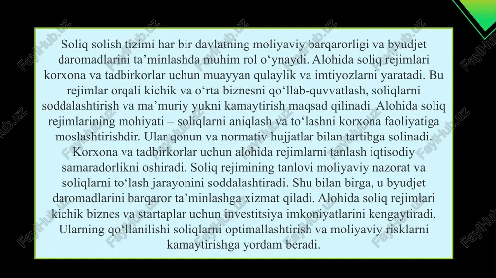 inlash imkonini beradi. shu tarzda, alohida soliq rejimlari iqtisodiy samaradorlikni oshiradi, tadbirkorlikni rag‘batlantiradi va kichik biznes sub’ektlarini qo‘llab-quvvatlashda muhim vosita hisoblanadi. alohida soliq rejimlarini tanlash mezonlari korxona faoliyatining xususiyatlari va moliyaviy imkoniyatlariga bog‘liq bo‘ladi. korxona rahbariyati faoliyat turi, daromad darajasi va soliqlarni hisoblash qulayligini hisobga olib, eng maqbul alohida rejimni tanlaydi. hisobot va nazorat jarayonlari bu rejimlarda soddalashtirilgan bo‘lib, soliqlarni hisoblash va deklaratsiya topshirish oddiy tartibda amalga oshiriladi. shu bilan birga, soliq organlari alohida rejim foydalanuvchilarini muntazam nazorat qiladi, bu moliyaviy shaffoflikni ta’minlaydi. soliq rejimining korxona faoliyatiga ta’siri sezilarli bo‘lib, u rentabellikni oshirish va moliyaviy barqarorlikni ta’minlash imkonini beradi. amaliy misollar orqali alohida soliq rejimi foydalanuvchilariga soliqlarni optimallashtirish va resurslarni samarali boshqarish imkonini berishi ko‘rsatiladi. shu tarzda, alohida rejim natijalarini tahlil qilish korxona strategiyasini belgilash va moliyaviy rejalashtirishda muhim ahamiyatga ega. soliq rejimini takomillashtirish va nazorat mexanizmlari soliqlarni aniq va o‘z vaqtida to‘lashni ta’minlaydi. ular korxona faoliyatini shaffof qiladi va …