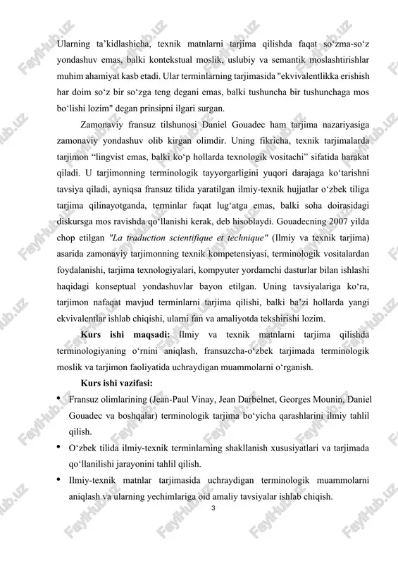 -o‘zbek tarjimada terminologik moslik va tarjimon faoliyatida uchraydigan muammolarni o‘rganish. kurs ishi vazifasi: · fransuz olimlarining (jean-paul vinay, jean darbelnet, georges mounin, daniel gouadec va boshqalar) terminologik tarjima bo‘yicha qarashlarini ilmiy tahlil qilish. · o‘zbek tilida ilmiy-texnik terminlarning shakllanish xususiyatlari va tarjimada qo‘llanilishi jarayonini tahlil qilish. · ilmiy-texnik matnlar tarjimasida uchraydigan terminologik muammolarni aniqlash va ularning yechimlariga oid amaliy tavsiyalar ishlab chiqish. · fransuz tilidagi real ilmiy yoki texnik matnlardan olingan namunalar asosida tarjimaning tahliliy misollarini ko‘rsatish. kurs ishi obyekti: fransuz tilidan o‘zbek tiliga ilmiy-texnik matnlarni tarjima qilish jarayoni. kurs ishi predmeti: tarjimadagi terminologik birliklar, ularning qo‘llanilishi va tarjima strategiyalari. i bob. ilmiy va texnik tarjimada terminologik muammolarning nazariy asoslari 1.1. ilmiy va texnik matnlarning tarjimasi: tushuncha va asosiy tamoyillar ilmiy va texnik matnlarning tarjimasi nafaqat lingvistik jarayon, balki kognitiv, madaniy va funksional mezonlarga tayangan murakkab faoliyat turidir. u umumiy adabiy tarjimadan farqli ravishda qat’iy mantiqiylik, terminologik aniqlik va uslubiy …