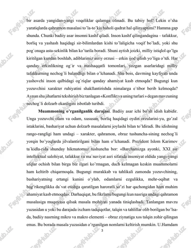 gulikka, mehr-oqibat va bag`rikenglikka da`vat etishga qaratilgan haroratli so’zi har qachongidan ham muhim ahamiyat kasb etmoqda». darhaqiqat, bu fikrlarni bugungi kun nasriga undagi qahramon masalasiga muqoyasa qilsak masala mohiyati yanada tiniqlashadi. tanlangan mavzu yuzasidan u yoki bu darajada ixcham tadqiqotlar, talqin va tahlillar olib borilgan bo’lsa-da, badiiy nasrning mikro va makro elementi – obraz ziynatiga xos talqin zohir qilingan emas. bu borada masala yuzasidan o’rganilgan nomlarni keltirish mumkin. u.hamdam «yangilanish ehtiyoji», d.quronov «adabiyot nadir? yoxud cho’lponning mangu savoli», q.yo’ldoshev «yoniq so’z», h.umurov «tahlil chizgilar», y.solijonov «haqiqatning sinchkov ko’zlari» kabi kattakichik tadqiqotlarda masalaga ayrim murojaatlar qilinganini uchratish mumkin. shu asosda biz mazkur o’rganilgan ishlarga tayanib, yangicha ilmiy tafakkur negizida tadqiq qilishga harakat qildik. tadqiqotning metadalogik asosi. prezident islom karimovning ma`naviyat va ma`rifat borasidagi asarlari ham muhim manba bo’lib xizmat qiladi «milliy istiqlol g`oyasi va ma`naviyat mafkurasi» asos vazifasini o’taydi. nazariy va amaliy ahamiyati. unda hozirgi o’zbek nasri borasida olib borilgan istiqbolli …