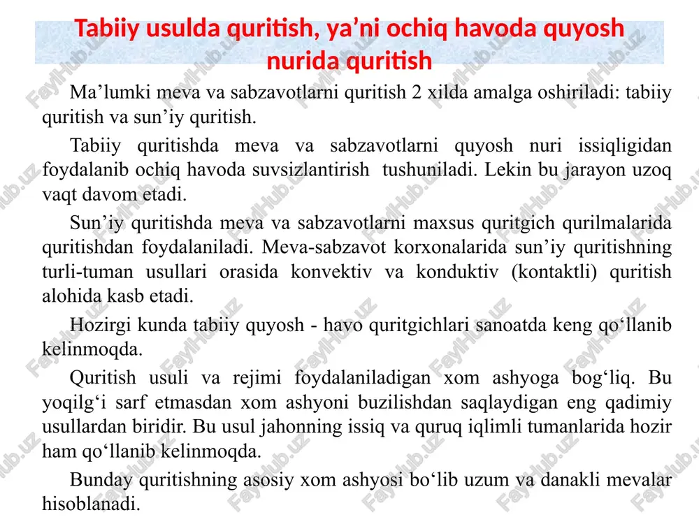 gan uzun kameradan (koridordan) iborat bo‘ladi. kamera ichida vagonetkalarning sekin harakatlanishi uchun temir yo‘l izlari o‘rnatilgan. koridorga kiruvchi va undan chiqadigan eshiklar zich yopiladi. vagonetkalarning ichiga quritiladigan mahsulotlar joylashtiriladi. qurituvchi agent (havo) kaloriferlardan beriladi. havo oqimi ventilyatorlar yordamida quritiladigan mahsulotlarga nisbatan to‘g‘ri yoki qarama-qarshi yo‘nalishda harakatga keltiriladi. vagonetkalar esa mexanik chig‘irlar yordamida harakatlanadi. ob'ektom sistemnogo analiza kak nauki yavlyaetsya izuchaemaya problema ili yavlenie. neposredstvenno predmetom issledovaniya sistemnogo analiza vistupaet sistema. predmetnaya oblast - razdel nauki, izuchayushiy predmetnie aspekti sistemnix protsessov i yavleniy. 6 konvektiv usulda quritish: tunnelli quritgichlar tunnelli quritgichlarda qurituvchi agent qisman retsirkulyatsiya qiladi. bunday qurilmalar katta o‘lchamli mahsulotlarni quritish uchun ishlatiladi. kamchiliklari: quritish tezligi kichik, jarayon uzoq vaqt davom etadi, quritish bir meyorda bormaydi, qo‘l kuchidan foydalaniladi. ob'ektom sistemnogo analiza kak nauki yavlyaetsya izuchaemaya problema ili yavlenie. neposredstvenno predmetom issledovaniya sistemnogo analiza vistupaet sistema. predmetnaya oblast - razdel nauki, izuchayushiy predmetnie aspekti sistemnix protsessov i yavleniy. 7 tunnelli …