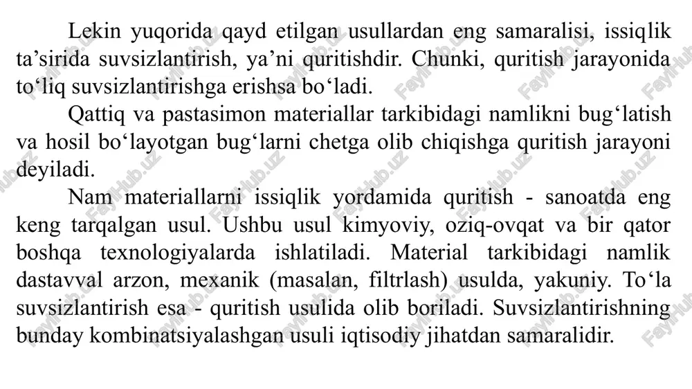 osil qilinadi. material namligi w va qurish vaqti orasidagi bog‘liqlik tasvirlangan. undan tashqari, rasmda material temperaturasining t namlikka bog‘liqligi ham keltirilgan. 8 tipik quritish egri chizig‘ quritish jarayonining turli davrlarini ifodalovchi bir necha qismdan iborat. jarayon boshlanishida nam material qiziydi va undan namlik bug‘lanib chiqa boshlaydi. materialning quritish temperaturasigacha qizishi ab kesma bilan ifodalanadi. undan so‘ng, o‘zgarmas quritish tezligi davri (bc kesma), ya’ni i davr boshlanadi. bu davr qiyalik burchagi a ning o‘zgarmas tangensli to‘g‘ri chizig‘ (bc kesma) bilan ifodalanadi va s nuqtada yakunlanadi. ushbu davrda materialning temperaturasi termometming ho’l temperaturasi (temperatura egri chizig‘dagi b/s/ kesma) qiymatiga teng bo‘ladi. o‘zgarmas quritish tezligi davrida uzatilayotgan issiqlik, materialdagi erkin namlikni bug‘lanishiga sarflanadi. ushbu, o‘zgarmas quritish tezlikli davr to‘g‘ri chiziq bilan ifodalanadi va u birinchi kritik tezlik wkk ga yetganda tamom bo‘ladi. quritish jarayonini tashkil etish usullari kimyo, oziq - ovqat va boshqa sanoatlarda havo qizdirilishi va bir marta quritish kamerasidan o‘tishi kabi …
