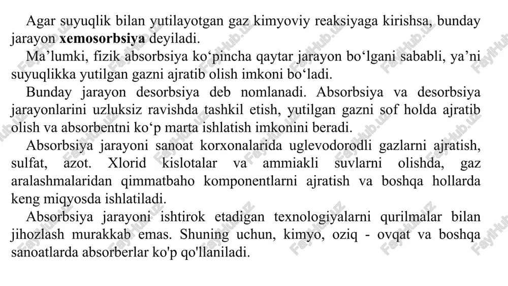 diffuziya usulida boradi. shuning uchun, absorbsiya jarayonida massa o'tkazishga bo'lgan qarshilik chegaraviy yupqa qatlamlar yig'indisidan iborat bo'iadi. suyuq, yupqa qatlamdagi massa o'tkazishga bo'lgan qarshilik 1/βy , gazdagi esa - m/β bo'lsa, massa o'tkazish koeffitsiyenti ushbu tenglamadan hisoblanadi. koeffitsiyent m ning kattaligi massa o‘tkazish tenglamasining tuzilishiga ham ta'sir etadi. yaxshi eriydigan gazlar uchun m ning qiymati juda kichik bo‘ladi. shuning uchun, suyuqlik fazasidagi diffuzion qarshilik ham kichikdir. 7/βy>>m/βx bo‘lgani uchun, tenglama quyidagicha yoziladi: ky = py ya’ni hamma diffuzion qarshilik suyuq fazada mujassamlangan bo‘ladi. absorbsiya jarayonini olib borish usullari xalq xo‘jaligining turli tarmoqlarida absorbsiya jarayonini tashkil etishda quyidagi prinsipial sxemalar qo‘llaniladi: - parallel yo‘nalishli; - qarama - qarshi yo‘nalishli; - bir pog‘onali, qisman resirkulatsiyali; - ko‘p pog‘onali, qisman resirkulatsiyali. parallel yo‘nalishli sxemada ko‘rsatilgan. bunda gaz oqim va absorbent parallel (bir xil) yo‘nalishda harakatlanadi. absorberga kirishda, absorbtiv konsentratsiyasi katta bo‘lgan gaz faza, absorbtiv konsentratsiyasi past bo‘lgan suyuq faza bilan to‘qnashuvda bo‘lsa, qurilmadan …