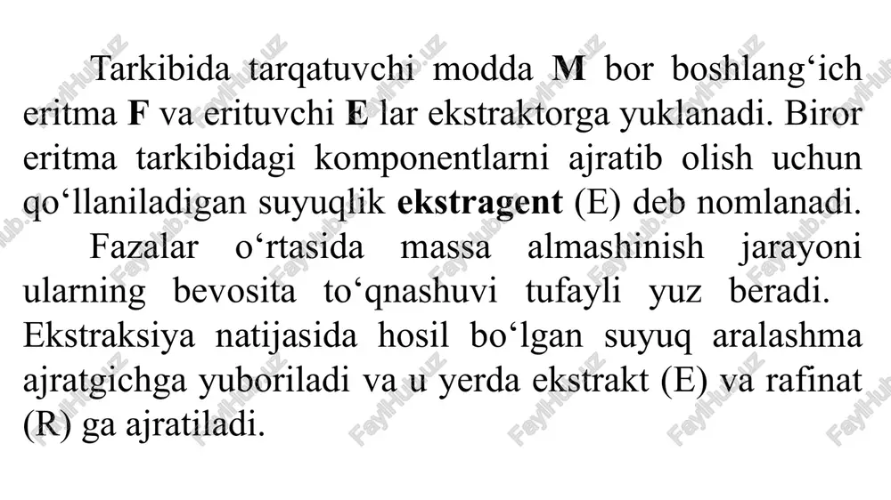 bilan ro‘y beradi. tomchi ichida sirkulatsiya hisobiga konveksiya paydo bo‘ladi. jarayon mobaynida tomchining shakli va o‘lchami bir necha marta o‘zgaradi. buning oqibatida fazalar orasidagi o‘zaro ta’sir yuzasi bir necha bor yangilanadi. ekstraksiya jarayonlarida massa almashinishni ifodalash uchun fikning 2- qonunidan foydalaniladi. umumiy holatda, ya’ni dispersion (yaxlit) va dispers fazalardagi diffuzion qarshiliklarni inobatga olmaslikni iloji bo‘lmaganda, massaning ikkala fazada tarqalishi hisobga olinadi. bir pog‘onali ekstraksiya asosan ajratish koeffitsiyentining qiymati juda katta bo‘lgan hollarda ishlatiladi. bu sxema davriy yoki uzluksiz bo‘lishi mumkin. aralashtirgichli qurilmaga boshlang‘ich eritma f, konsentratsiyasi xb bo‘lgan l (kg) miqdordagi erituvchi va ekstragent e yuklanadi. so‘ng, aralashtirgich yordamida ular aralashtiriladi va ikki qatlamga ajratiladi, ya’ni ekstrakt e va rafinat r ga. emulsiyalarni ajratish uchun tindirgich va qiyin ajratiladigan emulsiyalar uchun esa separatorlar ishlatiladi. bir pog‘onali ekstraksiya jarayonini uchburchakli va to‘g‘ri burchakli diagrammalarda ko‘rib chiqamiz. ikkala diagrammadan ko‘rinib turibdiki, bir pog’onali ekstraksiya natijasida olingan rafinat va ekstrakt tarkiblari muvozanatda bo‘ladi …