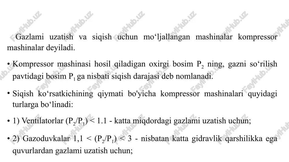 az patrubka 5 dan so'rib olinadi. plastinalar orasidagi hajm kamayishi bilan gazning bosimi ortadi va u uzatish trubasi 6 orqali haydash quvuriga uzatiladi. rotorli kompressor vali bevosita elektr yuritkich bilan ulanishi mumkin. bunday hollarda kompressor ixcham va yengil bo‘ladi. suv halqali rotorli kompressorlar. stator 1 ga ekssentrik holatda uzunligi bir xil rotor 2 joylashtirilgan. ishga tushirishdan avval kompressorlarning yarmi suv bilan to‘ldiriladi. rotor aylanganda suv chetga sochilib. bir xil qalinlikdagi suvdan iborat bo‘lgan halqa 4 hosil bo‘ladi. rotor parraklari va suv halqalari orasida yacheykalar hosil bo‘ladi. rotor aylanishining birinchi yarmida yacheyka kattalashsa, ikkinchi yamiida kamayadi. plastina tipidagi rotorli kom pressor. 1-qobiq (stator); 2-rotor; 3-plastinalar; 4-ariqchalar; 5-so‘rish patrubkasi; 6-haydash patrubkasi. bunda patrubok 5 orqali gaz so‘rilsa, siqilgan gaz patrubok 6 orqali uzatiladi. shunday qilib, suv halqalari kompressorda porshen vazifasini bajaradi, chunki ushbu halqa yordamida a.e.b.d ishchi kameralarning hajmi o'zgartiriladi. demak, suv halqali kompressorda hosil qilinadigan bosim katta bo‘lmagani uchun. undan gazoduvka …