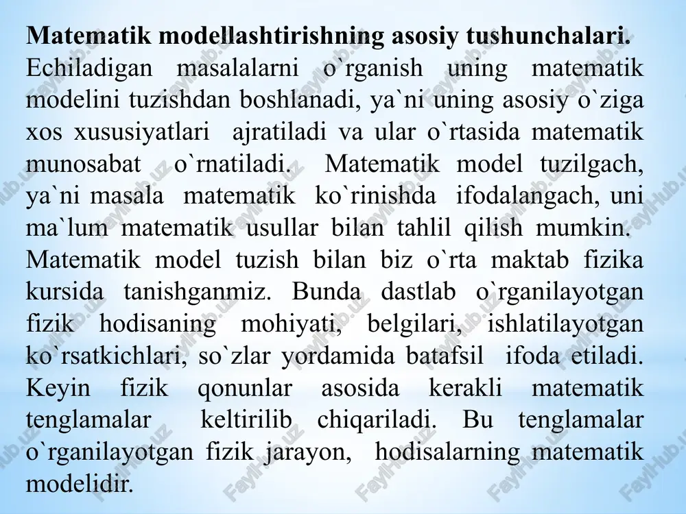 iy operatorlar; programming (dasturlashirish) – dastur tuzish uchun kerakli modullar yaratish operatorlari; greek (grek harflari) - symbolik belgililar ustida ishlash uchun operatorlar. o’zgauvchilarga qiymat berish uchun yuborish operatori “:=” ishlatiladi. hisoblashlarni amalga oshirish uchun oldin formuladagi o`zgaruvchi qiymatlari kiritiladi, keyin matematik ifoda yozilib tenglik “=” belgisi kiritiladi, natijada ifoda qiymati hosil bo`ladi mathcad hujjatiga matn kiritish uchun bosh menyudan inserttext region (qo`yishmatn maydoni) buyrug`ini berish yoki yaxshisi klaviaturadan ikkitali kavichka (“) belgisini kiritish kerak. bunda matn ma`lumotini kiritish uchun ekranda matn kiritish maydoni paydo bo`ladi. matn kiritish maydoniga matematik ifodani yozish uchun matematik maydonni ham qo`yish mumkin. buning uchun shu matn maydonida turib insertmath region (qo`yishmatematik maydoni) buyrug`ini berish kifoya. bu maydondagi kiritilgan matematik ifodalar ham oddiy kiritilgan matematik maydon kabi hisoblashni bajaradi. mathcadda foydalanuvchi funktsiyasini tuzish hisoblashlarda qulaylikni va uning effektivligini oshiradi. funktsiya chap tomonda ko`rsatilib, undan keyin yuborish operatori (:=) va hisoblanadigan ifoda yoziladi. ifodada ishlatiladigan o`zgaruvchi kattaliklari …