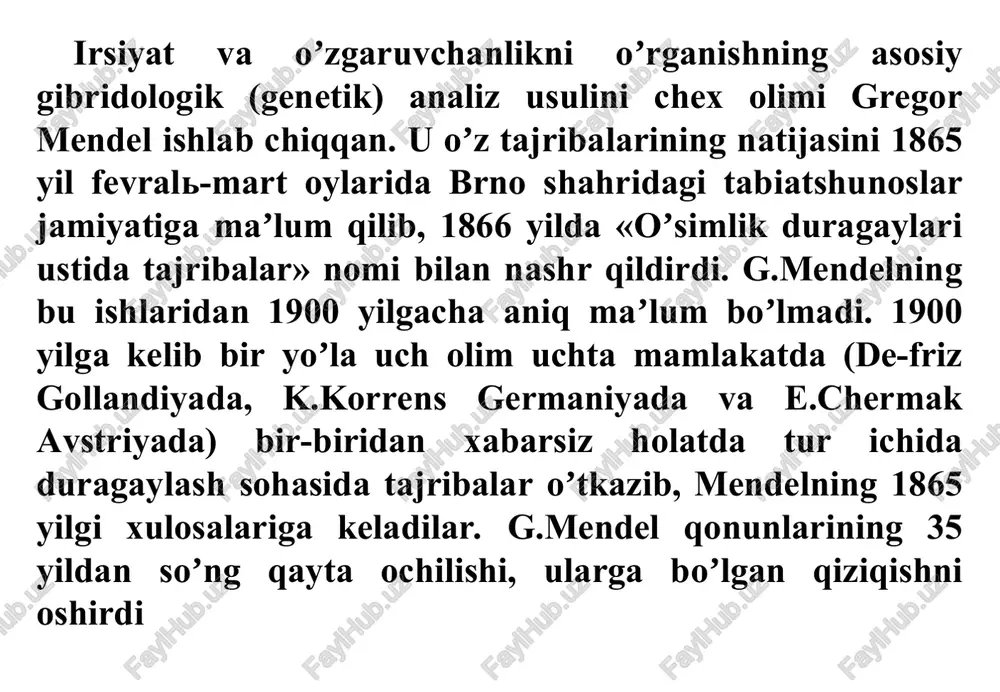 (lotincha filalis - bolalar soʼzining) bosh harfi, uning tagiga yoziladigan son duragay yoshini nechanchi boʼgʼin ekanligini koʼrsatadi. chatishtirishga olingan organizmlar bir-biridan bir, ikki va uch juft belgilari bilan farq qilishi mumkin. shunga koʼra duragaylash – monogibrid, digibrid va trigibrid chatishtirish deb nomlanadi. dominantlik ajralish mustaqil taqsimlanish g.mendelning ish uslubi: 1. chatishtirishga olingan oʼsimliklar bir-biridan keskin farq qiluvchi alternativ belgilarga ega edi. 2. har bir oʼsimlik avlodini yakka-yakka ekib taxlil qilish. 3. duragay oʼsimlik avlodining belgilarini nasga oʼtishini miqdor jihatdan taxlil hisoblab, yaʼni sanash yoʼli bilan kuzatib taxlil qilish. jinsiy yoʼl bilan koʼpayishda oʼzining belgi yoki xususiyatini bir necha avlodlarga oʼzgartirmasdan oʼtkazib boradigan organizm genetikada gomozigotali organizm deyiladi. bunday organizm oʼxshash (bir xil) genlarga (allellarga) ega boʼlgan gametalarning qoʼshilishidan rivojlanadi. har xil (oʼxshash boʼlmagan) genlarga ega boʼlgan gametalarning qoʼshilishidan rivojlanadigan organizm geterozigota deb atalib, u har bir boʼgʼinda maʼlum darajada oʼzgarib boradi. monoduragay chatishtirishdagi irsiylanishning tsitologik asoslari. monogibrid chatishtirish. agar chatishtirishga …