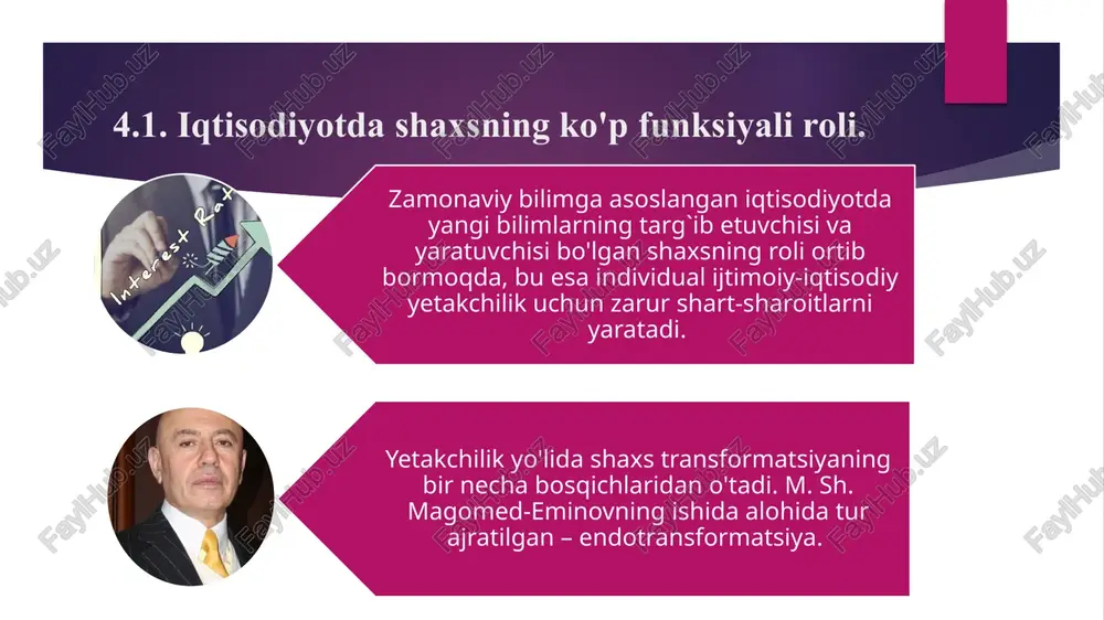akllantirish va bozor qiymatini yaratishning uzluksiz jarayonidagi atom birliklari tarmog'iga o'tish sodir bo'ladi, bu esa resurslarni boshqarish g'oyasi pastdan yuqoriga o'zgarishiga olib keladi. individ mikrokorxona egasi sifatida. nanoiqtisodiyot ish joyining iqtisodiyoti sifatida ta'riflanadi. ushbu yondashuvning asosini iqtisodiy genetika va evolyutsion iqtisodiyot tashkil etadi, bu esa operativ boshqaruv uchun nanotexnologiyalarni yaratish va qo'llash, mehnat unumdorligini, korxonalar samaradorligini va global miqyosda raqobatbardoshligini sezilarli darajada oshirish imkonini beradi. individ biznes birligi sifatida. p.druker alohida toifani – yuksak intellektual va ijodiy salohiyatga ega “bilim xodimlari”ni belgilaydi. shuning uchun har bir ishchining o'ziga xos ko'nikmalari va bilimlarini imkon qadar samarali qilish muhimdir. uning fikricha, tashkilotning bilimlarni o‘zlashtirib, uni tez muomalaga kiritish qobiliyati eng yuqori raqobatdosh ustunlik hisoblanadi.bu jarayonda har bir xodimning xo‘jalik birligi sifatidagi o‘rni muhim. individ biznes birligi sifatida. yangi iqtisodiyotning muhim xususiyati bu ham ish beruvchi, ham ishchi bo'lgan erkin agentlardir. bu aqshdagi eng yirik bandlik sektoridir. d. pink o'z-o'zini ish bilan band …