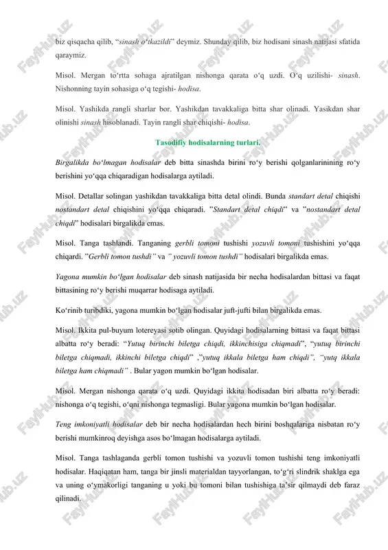 otiga yordam bermoqda. sinashlar va hodisalar. tasodifiy hodisa deb tayin shartlar toʻplami s bajarilganda yo roʻy berish, yoki roʻy bermasligi mumkin boʻlgan hodisani atadik. bundan kyein “shartlar toʻplami s bajarildi” deyish oʻrniga, biz qisqacha qilib, “sinash oʻtkazildi” deymiz. shunday qilib, biz hodisani sinash natijasi sfatida qaraymiz. misol. mergan toʻrtta sohaga ajratilgan nishonga qarata oʻq uzdi. oʻq uzilishi- sinash. nishonning tayin sohasiga oʻq tegishi- hodisa. misol. yashikda rangli sharlar bor. yashikdan tavakkaliga bitta shar olinadi. yasikdan shar olinishi sinash hisoblanadi. tayin rangli shar chiqishi- hodisa. tasodifiy hodisalarning turlari. birgalikda boʻlmagan hodisalar deb bitta sinashda birini roʻy berishi qolganlarinining roʻy berishini yoʻqqa chiqaradigan hodisalarga aytiladi. misol. detallar solingan yashikdan tavakkaliga bitta detal olindi. bunda standart detal chiqishi nostandart detal chiqishini yoʻqqa chiqaradi. ”standart detal chiqdi” va ”nostandart detal chiqdi” hodisalari birgalikda emas. misol. tanga tashlandi. tanganing gerbli tomoni tushishi yozuvli tomoni tushishini yoʻqqa chiqardi. ”gerbli tomon tushdi” va ” yozuvli tomon tushdi” …