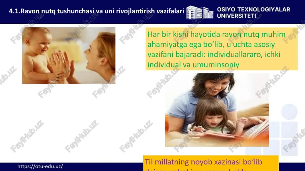 lidir. agar nutq noma’qul bo‘lib chiqsa tilning manfaatidir». demak. til qanchalik zo‘r bo‘lmasin, u nutq uchuun qurol sifatida xizmat qilarkan. uning kuch qudrati nutq jarayonida namoyon bo‘lar ekan. agar til o‘q bo‘lsa, nutq kamondir 4.3.dialogik va monologik nutqni shakllantirish usullari 4.maktabgacha yoshdagi bola nutqning grammatik to‘g’riligini o‘stirish. dialogni rivojlantirish nafaqat shunchaki nutqning muayyan kompozitsion shaklini o‘zlashtirish, balki bolaning ijtimoiy va shaxs jixatdan shakllanishining muhim tarkibiy qismi hisoblanadi dialogik nutqni rivojlantirishga doir maxsus mashg’ulotlarning ahamiyati nutqda eng muhim metod bu dialogik nutq, ya’ni bolalar bilan so’zlashishdir so‘zlashish – dialogik nutq, asosan kattalar yordamida amalga oshiriladi va u ayniqsa, tevarak-atrofni bilish jarayonida yaxshi natijalar beradi mavzu yuzasidan savollar va topshiriqlar: 1. ravon nutq tushunchasini izohlang. 2. ravon nutqning ijtimoiy va shaxsiy ahamiyati nimada? 3. uni rivojlantirishda qanday vazifalarni bajarish kerak? 4. maktabgacha yoshdagi bolalarda nutqni rivojlantirishning ahamiyatini tushuntiring. 5. dialogik va monologik nutqni shakllantirishda qanday usullar qo‘llaniladi? 6. ularning rivojlanishi uchun qanday …