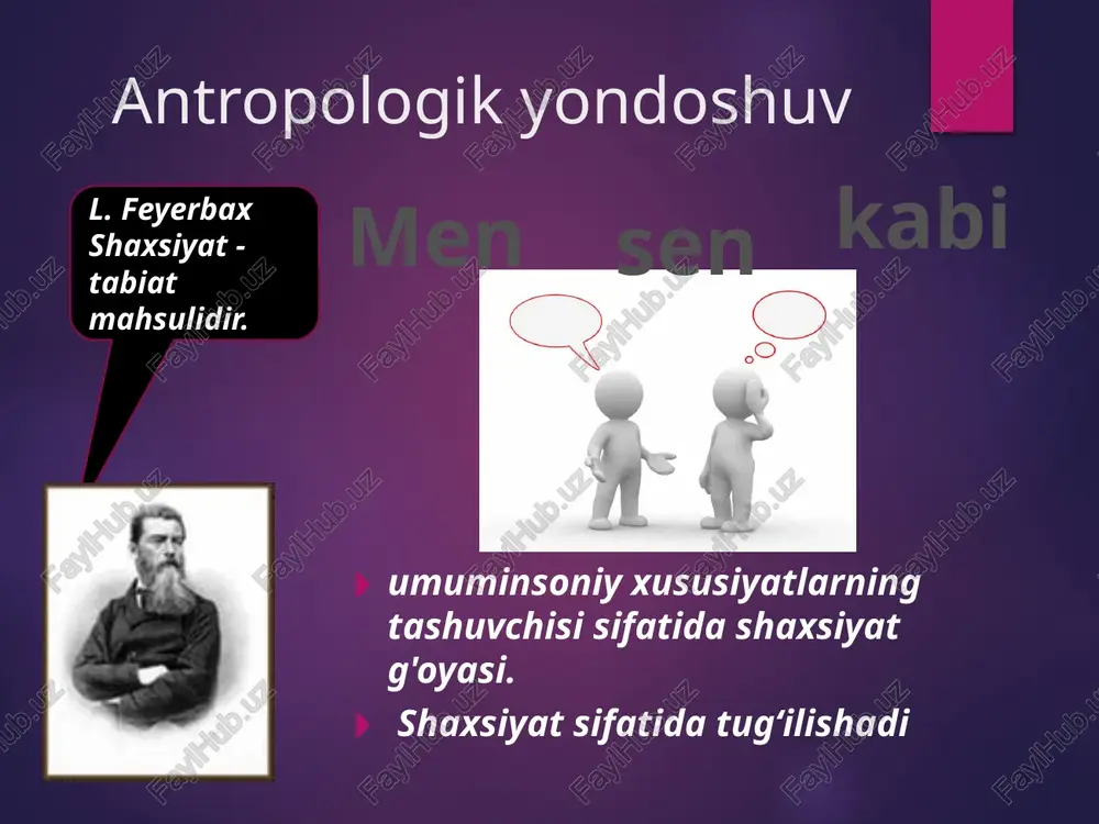 statusi moyilliklar 16 a. maslouga kora shaxs xususiyatlari fiziologik ehtiyoj xavfsizlik ehtiyoji sevgi va hurmat ehtiyoji oʻzlashtirishg boʻlgan ehtiyoj estetik ehtiyoj oʻzini ifodalashga boʻlgan ehtiyoj 18 g. allport bo'yicha yetuk shaxs mezonlari keng ego boshqalar bilan munosabatlarni o'rnatish qobiliyati o'z-o'zini qabul qilish va hissiy barqarorlik realistik idrok muammoni hal qilish yo'nalishi o'z-o'zini anglash va hazil tuyg'usi aniq maqsadlarga ega yaxlit hayot falsafasi differensirlangan diniy tuyg'u vijdon shaxsni hisobga olish va namoyon bo'lish darajalari: introindivid: shaxsiyat uning tugʻilishida berilgan oʻzgalardan ajratib turuvchi belilar nuqtai nazaridan qaraladi interindivid: shaxsiyat faqatgina oʻzga insonlar bilan oʻzaro taʼsirlashganda namoyon boʻladigan xislatlar nuqtai nazardan qaraladi metaindivid: shaxsning oʻzgalarga koʻrsatadigan taʼsirini oʻrganadi shaxsiyat strukturasi ijtimoiy status: jamoaviy munosabat tizimida inson oʻrni ijtimoiy rol: normativ maʼqullangan va ijtimoiy statusga mos xatti-harakatlar obrazi yoʻnalganlik: ehtiyoj, qiziqish, qarashlar, gʻoyalar, ideallar va xatti-harakatlar motivi freyd boyicha shaxsiyat strukturasi: id ego super-ego super-ego = ong usti qadriyatlar, yondashuvlar, maʼnaviyat, oʻzini boshqarish ego …