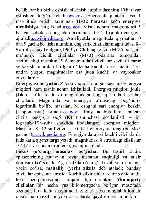 acha bo‘lishi mumkin, eng yirik zilzilalar magnitudasi 8–9 atrofida qayd etilgan (1960-yil chilidagi zilzila m 9.5 bo‘lgani ma’lum). kichik zilzilalar (m 10 shaklida ifodalangan energiya miqdori. masalan, k=12 sinf zilzila ~10^12 j energiyaga teng (bu m≈5 ga mos)uz.wikipedia.org. energiya darajasi kuchli zilzilalarda juda katta qiymatlarga yetadi: magnitudasi 8 atrofidagi zilzilalar 10^17 j va undan ortiq energiya ajrata oladi. · fokus (o‘choq) masofasi bo‘yicha: bu tasnif zilzila epitsentrining muayyan joyga nisbatan yaqinligi va ta’sir doirasini ko‘rsatadi. agar zilzila o‘chog‘i kuzatuvchi nuqtaga yaqin bo‘lsa, mahalliy (yerli) zilzila deb ataladi; bunday zilzilalar epitsentr atrofida kuchli silkinishlar keltirib chiqaradi, lekin uzoq masofaga tarqalmasligi mumkin. mintaqaviy zilzilalar bir necha yuz kilometrgacha bo‘lgan masofada seziladi. juda katta magnitudali zilzilalar esa minglab kilometr olisda ham sezilishi yoki asboblarda qayd etilishi mumkin – bunday uzoq zilzilalar ba’zan teleseysmik hodisalar deb ataladi. zilzila o‘chog‘idan uzoqlashgan sari yer silkinishining intensivligi susayib boradiuz.wikipedia.org. sezilgan silkinish kuchi epitsentrdan masofa ortgani sayin pasayishi …