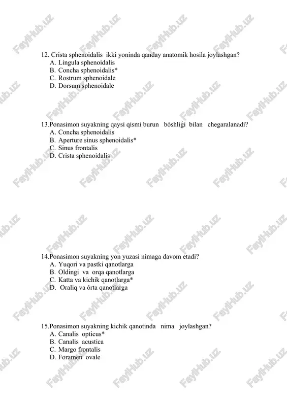 chakka yuzasida nima joylashgan? a. crista supratemporalis b. crista infratemporalis* c. tuber supratemporalis d. tuber infratemporalis 26. ponasimon suyakning yuqori jaǵ yuzasi qayerga qaragan? a. qanot-kóz chuqurchasi b. qanot –yuqori jaǵ chuqurchasi c. qanot-chakka chuqurchasi d. qanot-tanglay chuqurchasi* 27. ponasimon suyakning katta qanotining qanday qirlari bor? a. peshona,tepa,palla,ensa b. peshona,tepa,palla,bet yuz* c. peshona,tepa,kóz kosasi d. peshona,tepa,palla,chakka 28. ponasimon suyakning peshona qiri qaysi suyak bilan birikadi? a. peshona suyagining kóz kosasi* b. peshona suyagining burun qismi c. peshona suyagi ichki yuzasi d. peshona suyagi yanoq suyagi ósigi 29. ponasimon suyakning palla qismi orqa va tashqi tarafdan nima bilan tamomlanadi? a. spina ossis sphenoidalis* b. crista ossis sphenoidalis c. tuber ossis sphenoidalis d. processus ossis sphenoidalis 30.juft ponasimon ósik qanday qismnan turadi? a. yuqori va pastki plastinka b. oldingi va pastki plastinka c. lateral va medial plastinka* d. órta va oraliq plastinka 31. ponasimon suyakning plastinkalarining orasida qanday anatomik hosila joylashgan? a. …