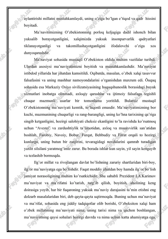 amda ilg’or bo’lish jamiyat norasoligining muhim ko’rsatkichidir. shu sababli prezident i.a.karimov ma’naviyat va ma’rifatni ko’tarish, targ’ib qilish, boyitish, aholining keng doirasiga yoyib, har bir fuqaroning yuksak ma’naviy darajasini ta’min etishni eng dolzarb masalalaridan biri, deb qayta-qayta uqtirmoqda. buning uchun ma’naviyat va ma’rifat, sohasida eng jiddiy tadqiqotlar olib borishi, o’zbeksiton xalqi ham o’zbek millatining ma’naviyati nima, uning tarixi nima va qachon boshlangan, ma’naviyatning qaysi sohalari hozirgi davrda va nima uchun katta ahamiyatga ega, ma’naviyati qanday qilib boyimoqda va xalqaro miqyosda qanday o’rin tutadi, uning xalqaro miqyosda salmog’ini orttirmoq uchun har birimiz nima qilmog’imiz kerak,-ana shu savollarga jamiyatshunos olimlarimiz hozirgi o’tish davrining talablarini ko’zda tutib javob berishlari umummilliy dolzarb vazifalarimizdan biridir. vatanimiz mustaqillikka erishgandan so’ng sog’lom va barkamol avlodni voyaga yetkazishga e’tibor kuchaydi. komillik-mukammallik deganidir. komil inson xxi asrda qanday zamonaviy sifatlarga ega bo’lishi kerak? zamonaviy inson ta’lim-tarbiya, iqtisodiy, siyosiy, falsafiy, diniy g’oyalar majmui asosida kishilarning ong-bilimini, madaniyatini o’stirishga qaratilgan faoliyat bilan …