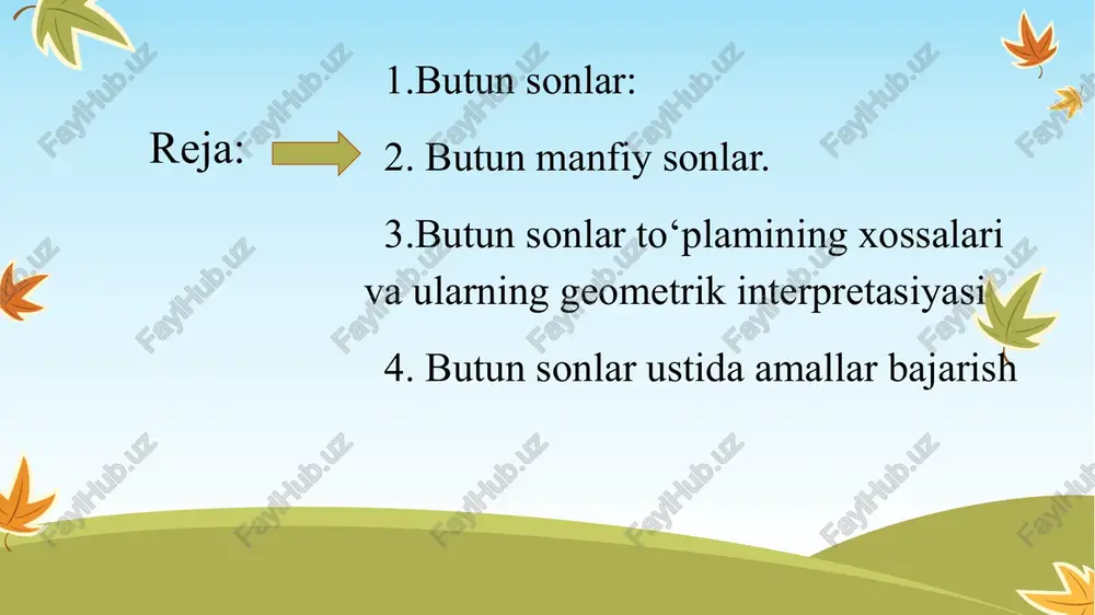 arshi sonning yig‘indisi nolga teng, ya’ni a+(-a)=0 (8)+(-8)=0. 23 agar a>b bo’lsa, u holda a+c>b+c ning saqlanishini misollarda tekshirib ko‘ramiz. haqiqatan, ham -7> -9 tengsizlikdan quyidagilar kelib chiqadi: (-7)+( +11 )>(-9)+(+11) (-7)+0 > (-9)+0 (-7)+(-3) > (-9)+(-3) 4>2 -7>-9 -10>-12 butun sonlar to’plamida yig’indining monotonlik qonuni 24 butun sonlarni ko’paytirish ta’rif. ikki butun sonning ko’paytmasi deb, moduli ko’paytuvchilar modullari ko’paytmasiga teng va ko’paytuvchilar bir xil ishorali bo’isa, (+) ishora bilan olingan, ko’paytuvchilar turli ishorali bo’lsa, (-) ishora bilan olinadigan songa aytiladi; agar ko‘paytuvchilardan biri nolga teng bo’isa, ko’paytma nolga teng. 25 masalan, (+3)•(+8)=24; (-3)•(-8)=24; (-3)•(+8)=-24; (+3)•(-8)=-24. bulardan|a•b|=|a|•|b| kelib chiqadi, ya’ni ko‘paytmaning moduli ko‘paytuvchilar modullari ko‘paytmasiga teng. 28 butun sonlarda ayirish amali ta’rif. a va b butun sonlarning ayirmasi deb, shunday x butun songa aytiladiki, uni b songa qo'shganda a soni hosil bo'ladi. shu sababli, agar a-b=x bo‘lsa, u holda x+b=a. manfiy sonlar kiritilishi bilan kichik sondan katta sonni ayirish mumkin …