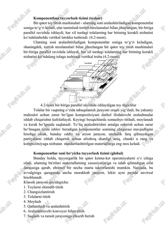 ator qurilmasi, 6-aralashtirish konteyneri, 7-tarashga ta’minlash konteyneri, 8-tarash komponentlani tayyorlash tizimi (tezkor) bir qator toy titish mashinalari - ularning soni aralashtiriladigan komponentlar soniga to‘g‘ri keladi, ular taminlash tortish moslamalari bilan jihozlangan, bir-biriga parallel ravishda ishlaydi, har xil turdagi tolalarning har birining kerakli nisbatini ko‘ndalanholda vertikal latokka tushiradi. (4.2-rasm). ularning soni aralashtiriladigan komponentlar soniga to‘g‘ri keladigan, shuningdek, tortish moslamalari bilan jihozlangan bir qator toy titish mashinalari bir-biriga parallel ravishda ishlaydi, har xil turdagi tolalarning har birining kerakli nisbatini ko‘ndalang tolaga tushiradi vertikal truba (4.2-rasm). 4.2-rasm bir-biriga parallel ravishda ishlaydigan toy titgichlar tolalar bir vaqtning o‘zida tabaqalanish jarayoni orqali yig‘iladi, bu yakuniy mahsulot uchun zarur bo‘lgan kompozitsiyani darhol ifodalovchi aralashmalar ishlab chiqarishni kafolatlaydi. keyingi bosqichlarda xomashyo titiladi, moylanadi va kerak bo‘lganda saqlanadi. to‘liq aralashtirishni amalga oshirish uchun zarur bo‘lmagan tizim ishlov beradigan komponentlar sonining chegarasi mavjudligini hisobga olsak, bunday oddiy va arzon jarayon, unchalik farq qilmaydigan partiyalarni ishlab chiqarish uchun afzalroq ekanligi …