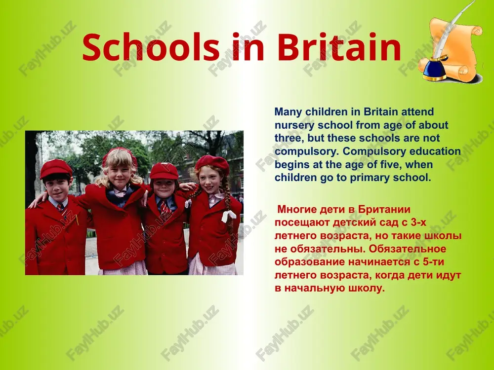 ce, geography, history, art, music, physical education and a foreign language. which foreign languages are taught in british schools? french, spanish, german, italian and russian. is education in britain free? state education is free in britain. private-uniform22sr2