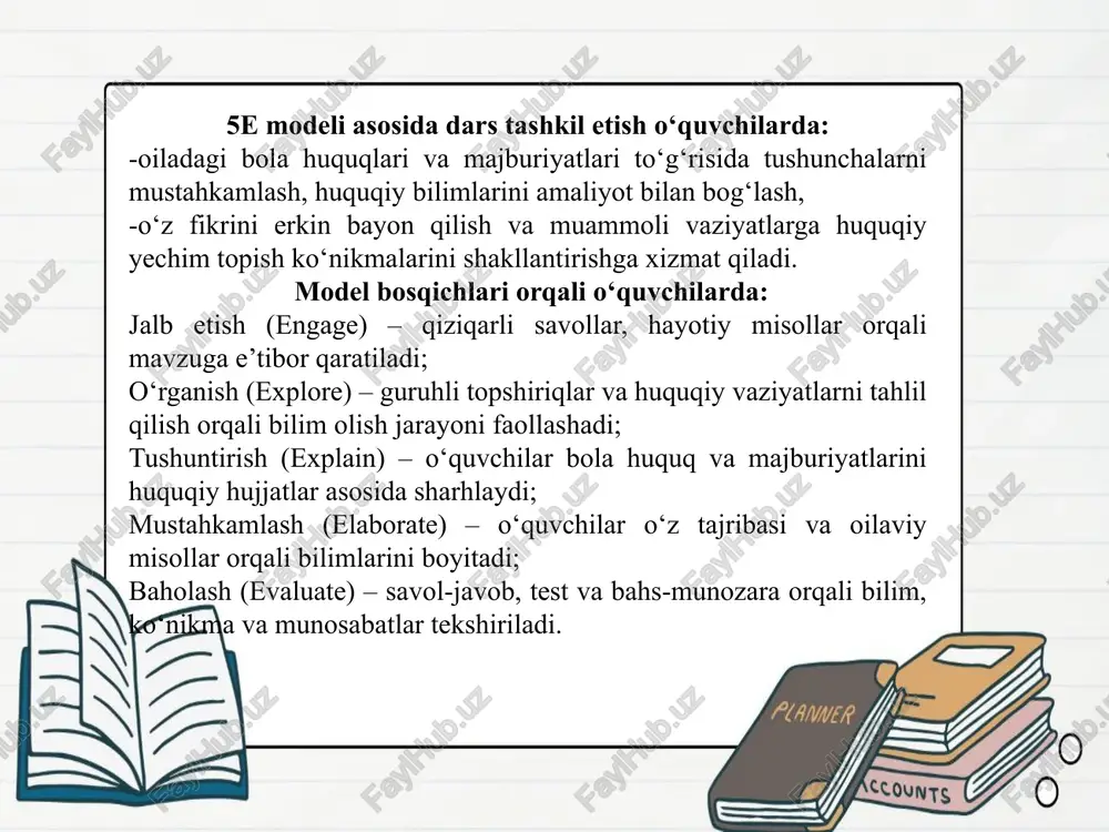 dagogik texnologiya bo‘lib, o‘quvchilarni faol dars jarayoniga jalb etish va ularni mustaqil fikrlashga o‘rgatishga xizmat qiladi. ushbu model besh bosqichdan iborat: a) engage – jalb etish dars boshida o‘qituvchi o‘quvchilarni mavzuga qiziqtiradi. masalan, savol berilishi mumkin: “agar oilada faqat huquqlar bo‘lib, majburiyatlar bo‘lmasa, qanday vaziyat yuzaga keladi?” bu bosqichda suhbat, videolavha yoki suratlar orqali o‘quvchilar diqqatini mavzuga yo‘naltirish mumkin. b) explore – o‘rganish o‘quvchilar guruhlarga bo‘linib, konstitutsiya va qonunlardan bola huquq va majburiyatlariga oid moddalardan misollar topadilar. har bir guruh muhokama qilib, natijalarini doskaga yozadi. bu jarayonda o‘quvchilar mustaqil bilim izlaydi va uni qo‘llashga harakat qiladi. c) explain – tushuntirish guruh vakillari o‘z xulosalarini taqdim etadi. o‘qituvchi ularni umumlashtirib, huquq va majburiyatlarni aniq misollar orqali tushuntiradi. bu bosqichda “huquq” va “majburiyat” tushunchalari o‘quvchilar ongida tizimlashtiriladi. d) elaborate – mustahkamlash o‘quvchilarga turli hayotiy vaziyatlar beriladi: “agar bola maktabga bormasa, qaysi majburiyati buziladi?” “ota-ona bolasini tibbiy yordamdan mahrum qilsa, qaysi huquqi buziladi?” …