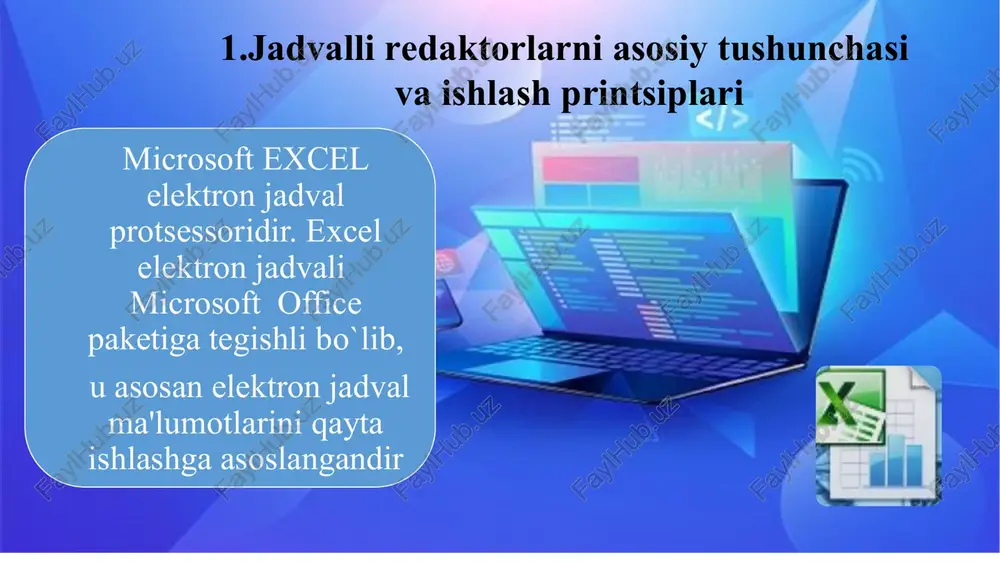 il. shriftni o’zgartirish, yacheykalarni formatlash, manashu dokumentda kerakli narsalarni izlashimiz, yangi satr, qator va yacheykani o’chirish yoki yangi yacheyka qo’shishimiz, mumkin. vstavka – bu menyuda tablitsa, gipersilka, rasm, figuralar, turli diagrammalar, gistogramma, grafiklarni sahifaga joylashtirishimiz mumkin. razmetka stranitsi – ushbu menyuda sarlovhaga tema tanlashimiz, yacheykalar katta kichikligini belgilashimiz, sahifani kitob yoki albom ko’rinishida qilishimiz mumkin. formuli – bu menyuda turli xil formulalarni qo’yishimiz mumkin. bundan tashqari funksiyalar ya’ni, master funksiya ham shu menyuda joylashgan. bu menyu funksiya kutubxonasi hisoblanadi. danniye – menyusida sahifadagi matnni sartirofka va filtr qilishimiz mumkin. tashqaridan ma’lumot olish yoki berish, struktura tuzishimiz, matnni stolbiklarga joylashtirishimiz mumkin. resinzirovaniye – menyusida to’g’ri yozishni, tarjima qilishimiz, o’zgartirishlar kiritishimiz, yangi sahifa ochishimiz mumkin. sahifa va listni quluflab qo’yishimiz mumkin. vid – ushbu menyu orqali yangi ekran ochishimiz, yozuvlarni yaqinlashtirishimiz, saqlashimiz, ekranni ko’rish rejimini o’zgartirishimiz, ishlayotgan sahifani saqlashimiz mumkin. exsel oynasining quyi qismida yana ikki satr mavjud bo`lib, ulardan birinchisida jadvalni …