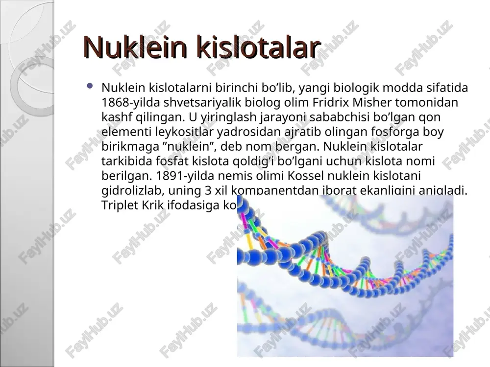 . purin asoslariga -adenine va guanin, pirimidin asoslariga- timin (urasil) va sitozin kiradi. o’z tarkibida adenin saqlaydigan nukleotid adenin (a), guanin (g), timin (t) va sitozin (s) nukleotidlari deyiladi va ularni nomi bosh xarflari bilan ko’rsatiladi. nukleozidlar ribonuklein kislotalarning tuzilishi ribonuklein kislotalarning tuzilishi dnkga o’xshash bo’ladi. ularning tarkibiga azot asoslaridan adenin, guanin, sitozin va uratsil uchraydi. asosiy farqi rnk bir zanjirli molekulalardan iborat. molekulyar massasi ularning turiga qarab har­ xil bo’ladi. ular transport (t­rnk), informatsion (axborot) (i­ rnk) va ribosomal (r­rnk)ga bo’linadi. turlari oqsil sintezida ishtirok etadi. bunday nomlanish ular bajaradigan vazifalari bilan bog’liqdir. rnk ning barcha turlari oqsil sintezida ishtirok etadi sitoplazmaning asosiy tarkibi. barcha hujayralar butun hayoti davomida o’z strukturasi va modda almashinuvi prosesslarini saqlashga harakat qiladi. buning uchun hujayra mebranasi, ya’ni ularning qobig’i katta ahamiyatga ega. sitoplazma esa barcha organoidlar joylashgan muxit hisoblanadi. o’ziga xos muxitda amalga oshadi. nukleozidtrifosfat xayvon organizmida nuklein kislotalardan ajratib olingan nukleotitlardan tashkari …