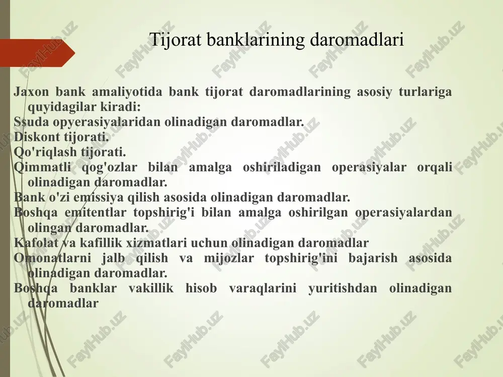 'yicha foizlar qat'iy byelgilangan foiz stavkalaridan qimmatli qog'ozlar bozor bahosining oshishidan olingan daromadlar respublikamiz tijorat banklarining foizli daromadlari tarkibiga 9 ta asosiy daromad turi kiritilgan: bankning markaziy bankdagi hisobvaraqlari bo'yicha olingan daromadlar. bankning boshqa banklardagi hisobvaraqlari bo'yicha olingan daromadlar. sotib olingan veksellar bo'yicha olingan daromadlar. investisiya bo'yicha olingan daromadlar. qimmatli qog'ozlarni sotib olish – sotish hisobvaraqlari bo'yicha olingan daromadlar. mijozlarning majburiyatlari bo'yicha olingan daromadlar mijozlarning majburiyatlari bo'yicha bankning qoplanmagan akseptlari bo'yicha olingan daromadlar. ssudalar va lizing operasiyalaridan olingan daromadlar. repo operasiyalaridan olingan daromadlar. tijorat banklarining xarajatlari tijorat banklarining xarajatlari o'zining iqtisodiy mazmuniga ko'ra ikki yirik guruhga bo'linadi: foizli xarajatlar foizsiz xarajatlar o'zbekiston ryespublikasi bank amaliyotida tijorat banklarining xarajatlari uch yirik guruhga ajratiladi: foizli xarajatlar foizsiz xarajatlar operasion xarajatlar. foizli xarajatlar o'z ichiga 8 ta xarajat turini olgan: joriy depozitlar bo'yicha foizli xarajatlar jamg'arma depozitlari bo'yicha foizli xarajatlar muddatli depozitlar bo'yicha foizli xarajatlar markaziy bankka to'lov hisobvaraqlari bo'yicha foizli xarajatlar boshqa …