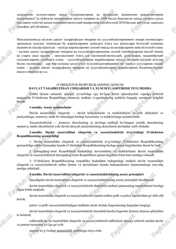 onalar keyinchalik sotib olinish huquqi bilan ko'proq ijara korxonalariga, jamoa korxonalariga, jamoa korxonalariga, yopiq turdagi hissadorlik jamiyatlariga aylantirildi. aktsiyalarning nazorat ulushi davlat ixtiyorida saqlab qolindi. xususiylashtirishning birinchi bosqichida (1992-1994 yillar) asosiy diqqat-e'tibor mahalliy sanoat, savdo, transport, aholiga maishiy xizmat ko'rsatish, umumiy ovqatlanish, matlubot kooperatsiyasi, agrosanoat majmuasi, “iqtisodiyot va innovatsion texnologiyalar” ilmiy elektron jurnali. № 4, iyul-avgust, 2014 yil 2 www.iqtisodiyot.uz qayta ishlash tarmoqlari korxonalarini mulkchilikning turli shakllariga aylantirishga qaratildi. 1994 yil boshiga kelib tayyorlov va qayta ishlash tarmoqlari korxonalarining 96 foizdan ko'prog'i, shuningdek, davlat va idoraviy uy-joy fondlari xususiylashtirib bo'lindi. shunda savdo va umumiy ovqatlanish yalpi mahsulotining 82 foizdan ko'prog'i davlatga qarashli bo'lmagan sektor hissasiga to'g'ri keldi. bu jarayon jadal davom etgan 1993 yildagi xususiylashtirish ko'lamlarini quyidagi raqamlar bilan ifodalash mumkin: sanoatda 1374 ta korxona, shu jumladan xalq iste'moli mollari ishlab chiqaradigan 1260 ta korxona, qurilishda – 72, savdoda – 20419, umumiy ovqatlanishda – 1953, tayyorlov tizimida – 389, uy-joy …