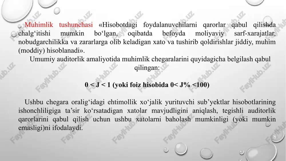 ulga muvofiq auditor yuqorida keltirilgan asosiy ko‘rsatkichlardan muayyan korxona uchun eng mos keladiganlarini tanlab olishi mumkin. ikkinchi usulga muvofiq yuqorida tavsiya qilingan barcha ko‘rsatkichlar hisoblab chiqarilib, eng kichik summa asosiy ko‘rsatkich deb qabul qilinadi. auditorlik tashkiloti tomonidan o‘rnatiladigan asosiy ko‘rsatkichlar tizimi va muhimlik darajasi hujjatlar bilan rasmiylashtiriladi hamda auditorlik tashkilotining ijro organi tomonidan tasdiqlanadi. auditorlik tekshiruvi jarayonida yuzaga kelgan vaziyatlar taqazosi bilan muhimlik darajasi ko‘rsatkichi o‘zgartirilishi (tuzatilishi) mumkin. bunda muhimlik darajasining o‘zgartirilish fakti, uning yangi ko‘rsatkichi, tegishli hisob-kitoblar va dalil-isbotlar tafsiloti auditorning ishchi hujjatlarida aks ettirilgan bo‘lishi lozim. auditor quyidagi hollarda muhimlik darajasini inobatga olishi lozim: rejalashtirish bosqichida - qo‘llaniladigan auditorlik amallarining mazmuni, vaqt sarfini va hajmini aniqlashda; muayyan auditorlik amallarini bajarish vaqtida; auditni yakunlash bosqichida aniqlangan chalkashliklar va xato-kamchiliklarning buxgalteriya hisoboti ko‘rsatkichlari ishonchliligiga ta’sirini baholashda. auditor tekshiriladigan xo‘jalik yurituvchi sub’yekt hisobotining barcha muhim jihatlari ishonchliligi haqida, agar bir vaqtning o‘zida quyidagilar ta’minlansa, xulosa qilishga haqlidir: audit jarayonida belgilab qo‘yilgan …