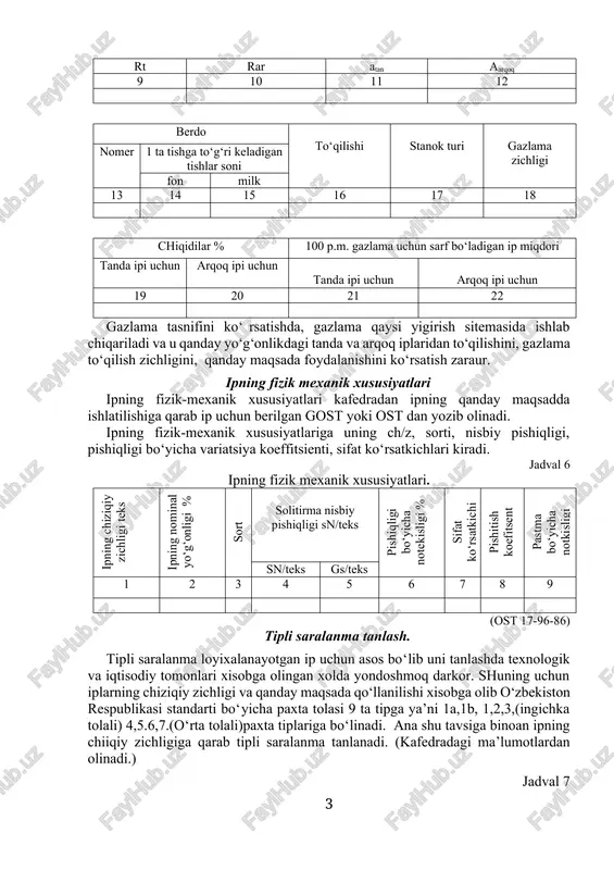 15 16 17 18 chiqidilar % 100 p.m. gazlama uchun sarf bo‘ladigan ip miqdori tanda ipi uchun arqoq ipi uchun tanda ipi uchun arqoq ipi uchun 19 20 21 22 gazlama tasnifini ko‘rsatishda, gazlama qaysi yigirish sitemasida ishlab chiqariladi va u qanday yo‘g‘onlikdagi tanda va arqoq iplaridan to‘qilishini, gazlama to‘qilish zichligini, qanday maqsada foydalanishini ko‘rsatish zaraur. ipning fizik mexanik xususiyatlari ipning fizik-mexanik xususiyatlari kafedradan ipning qanday maqsadda ishlatilishiga qarab ip uchun berilgan gost yoki ost dan yozib olinadi. ipning fizik-mexanik xususiyatlariga uning ch/z, sorti, nisbiy pishiqligi, pishiqligi bo‘yicha variatsiya koeffitsienti, sifat ko‘rsatkichlari kiradi. jadval 6 ipning fizik mexanik xususiyatlari. ipning chiziqiy zichligi teks ipning nominal yo‘g‘onligi % sort solitirma nisbiy pishiqligi sn/teks pishiqligi bo‘yicha notekisligi % sifat ko‘rsatkichi pishitish koefitsent pastma bo‘yicha notkisligi sn/teks gs/teks 1 2 3 4 5 6 7 8 9 (ost 17-96-86) tipli saralanma tanlash. tipli saralanma loyixalanayotgan ip uchun asos bo‘lib uni tanlashda texnologik va …