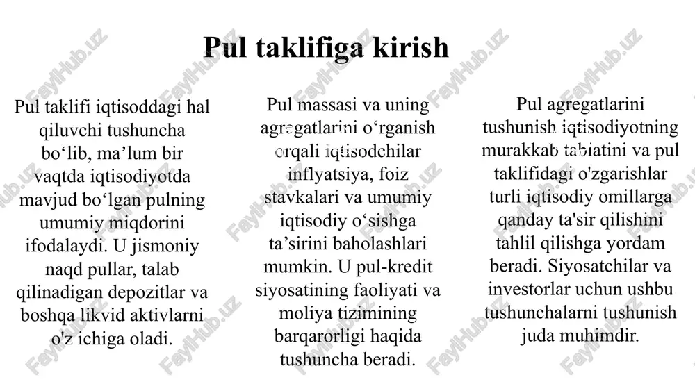 nglatadi. markaziy banklar pul massasini aniqlash va boshqarishda hal qiluvchi rol o'ynaydi. pul agregatlari - bu turli xil likvidlik va foydalanish darajasini aks ettiruvchi pul massasining turli ko'rsatkichlari. markaziy banklar moliyaviy barqarorlikni ta'minlash uchun ushbu agregatlarni yaqindan kuzatib boradi va nazorat qiladi. foiz stavkalarini, ochiq bozor operatsiyalarini va majburiy zaxiralarni tartibga solish orqali markaziy banklar inflyatsiyani nazorat qilish yoki iqtisodiy o'sishni rag'batlantirish kabi pul-kredit siyosati maqsadlariga erishish uchun pul agregatlariga ta'sir ko'rsatadi. pul agregatlarida markaziy banklarning roli pul massasiga markaziy banklar, tijorat banklari harakatlari va aholining pulga bo'lgan talabi kabi turli omillar ta'sir ko'rsatadi. 03 pul massasi va uning yig’indisini aniqlashda davlat siyosati, foiz stavkalari va iqtisodiy sharoitlardagi o’zgarishlar ham muhim rol o’ynaydi. 02 pul taklifiga ta'sir etuvchi omillar 01 ushbu omillarni tushunish siyosatchilar va iqtisodchilar uchun pul massasini samarali boshqarish va iqtisodiyotda barqarorlikni ta'minlashuchun juda muhimdir. pul massasi deganda ma'lum bir davrda iqtisodiyotda muomalada bo'lgan pulning umumiy miqdori tushuniladi. …